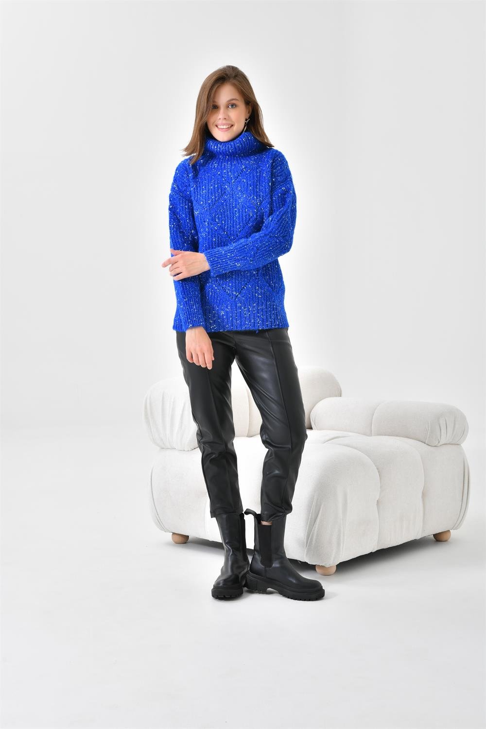 Ftz Women Kadın Degaje Yaka Detaylı Simli Kazak Saks Mavi