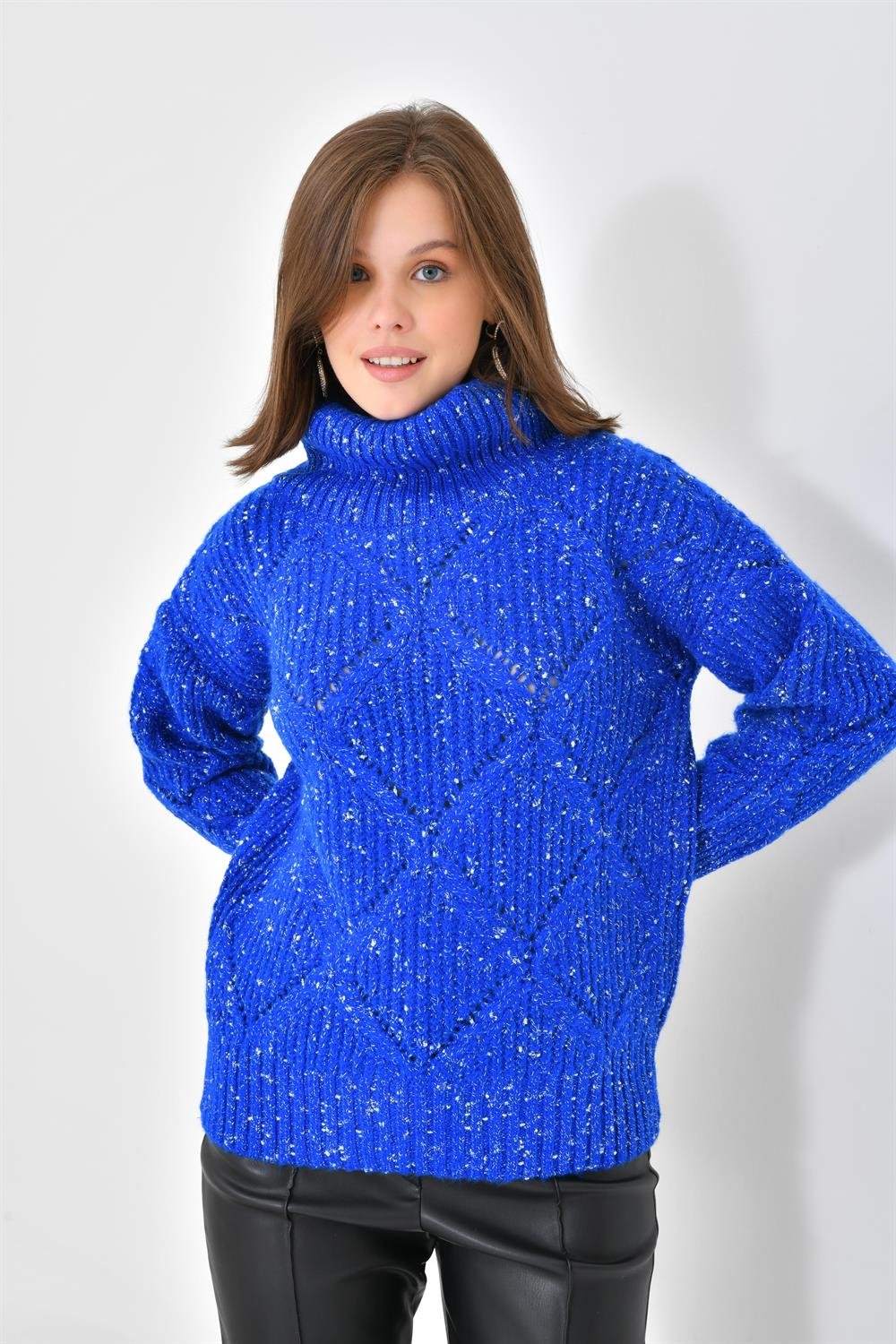 Ftz Women Kadın Degaje Yaka Detaylı Simli Kazak Saks Mavi