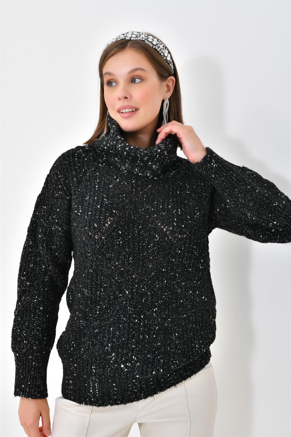 Ftz Women Kadın Degaje Yaka Detaylı Simli Kazak Siyah