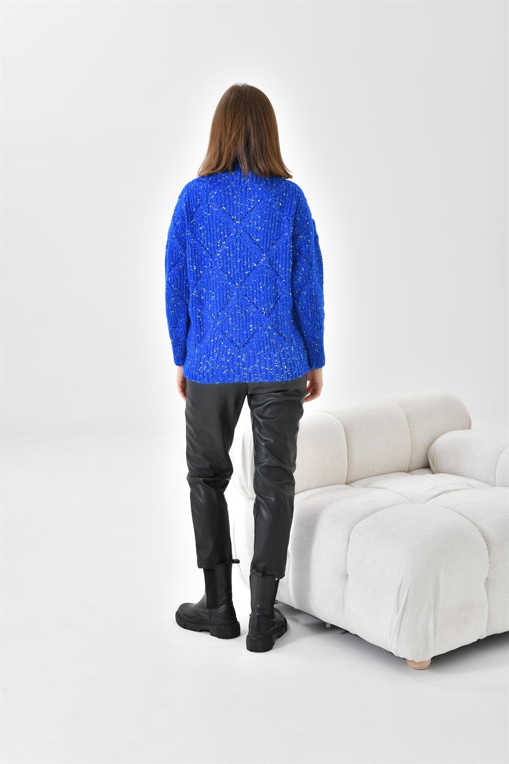 Ftz Women Kadın Degaje Yaka Detaylı Simli Kazak Saks Mavi