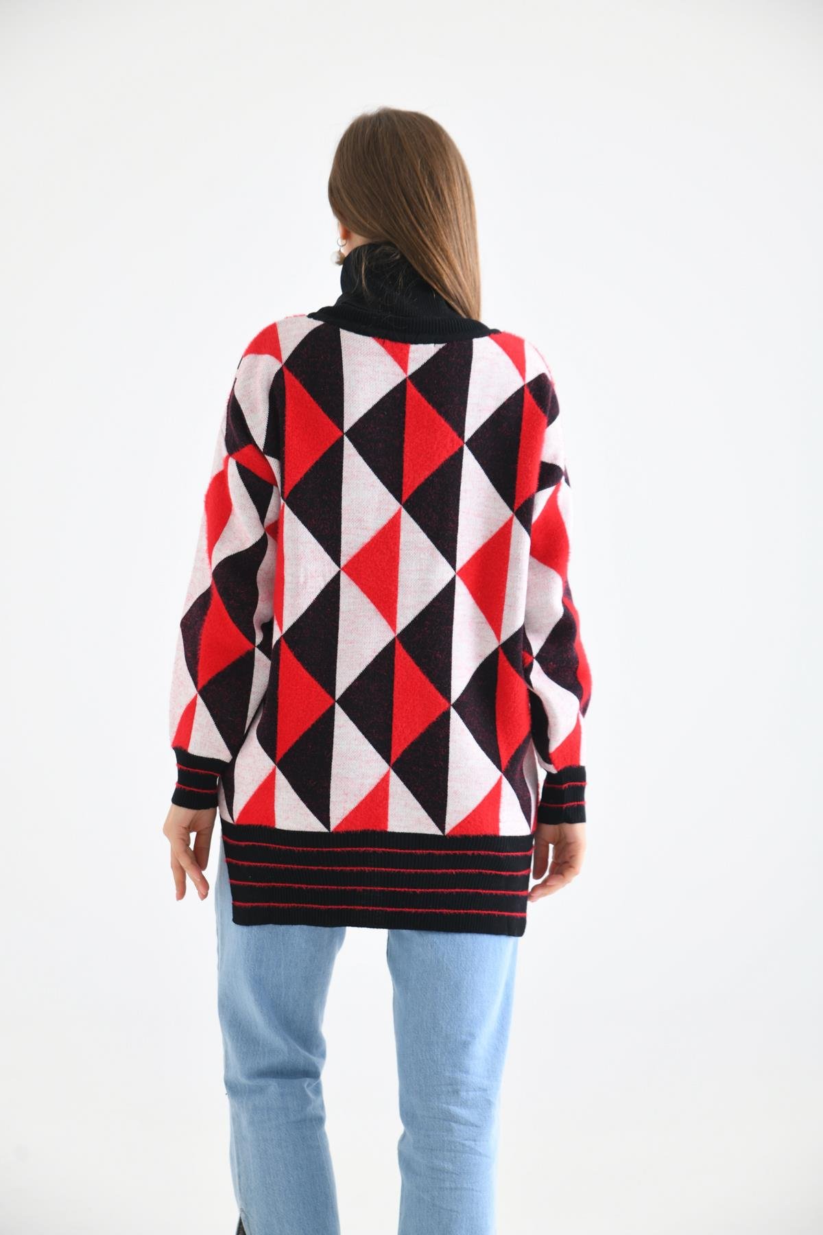 FTZ Women Kadın Degaje Yaka Üçgen Detay Kazak  Siyah 20054