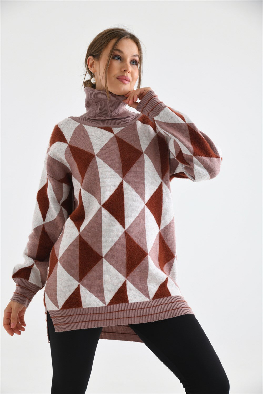 FTZ Women Kadın Degaje Yaka Üçgen Detay Kazak PUDRA