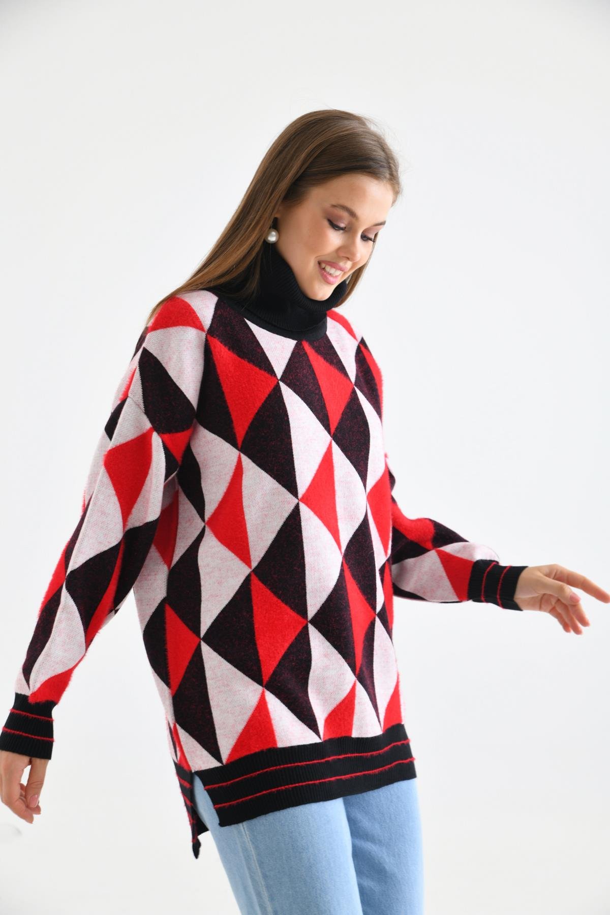 FTZ Women Kadın Degaje Yaka Üçgen Detay Kazak  Siyah 20054