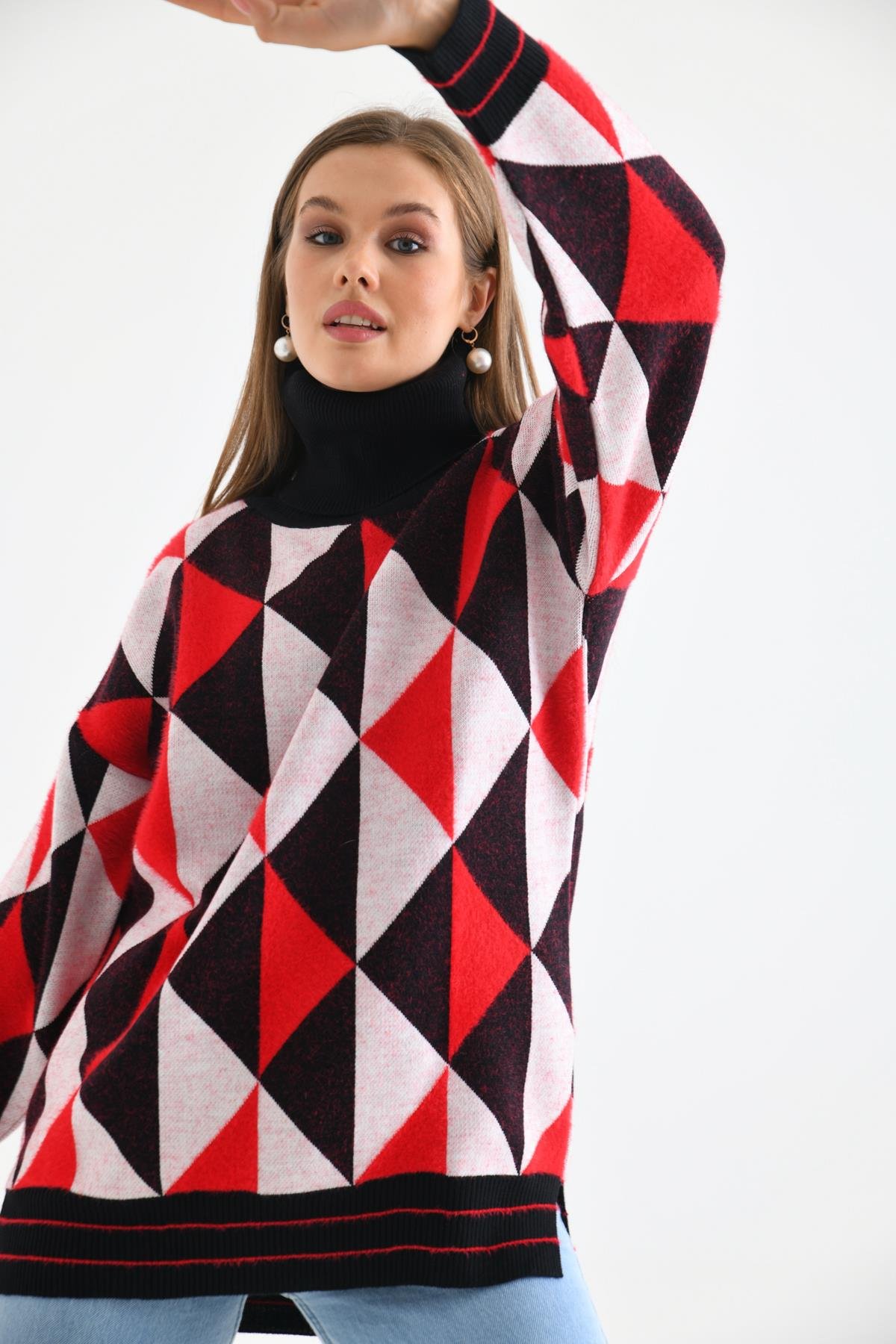 FTZ Women Kadın Degaje Yaka Üçgen Detay Kazak  Siyah 20054