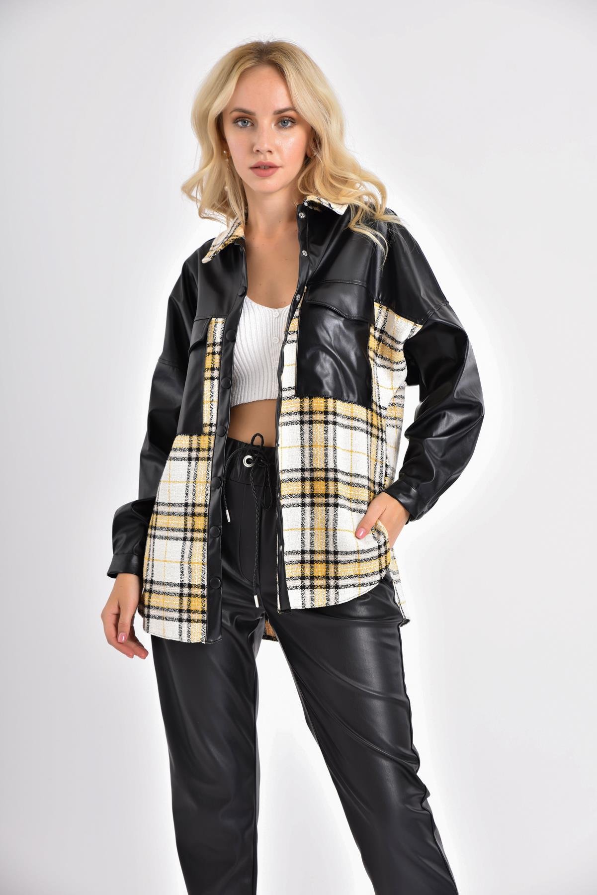 FTZ Women Kadın Deri Detay Ekose Ceket  Siyah 20222509