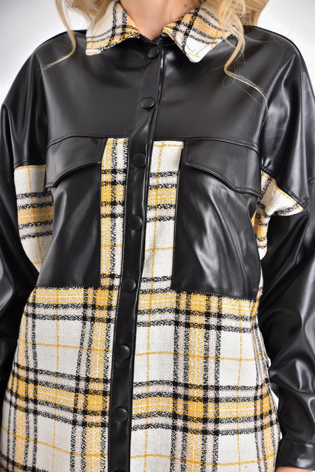 FTZ Women Kadın Deri Detay Ekose Ceket  Siyah 20222509