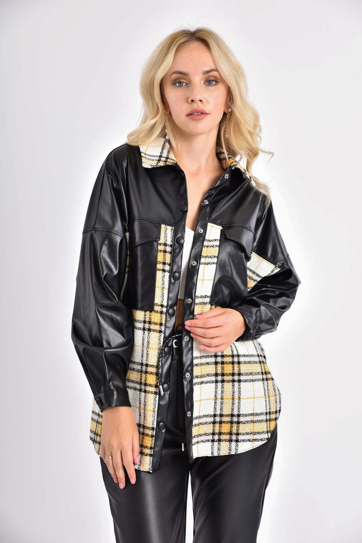 FTZ Women Kadın Deri Detay Ekose Ceket  Siyah 20222509