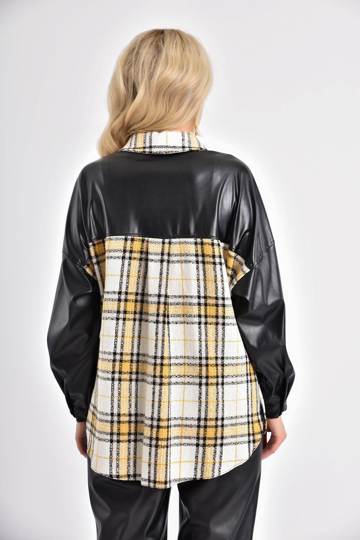 FTZ Women Kadın Deri Detay Ekose Ceket  Siyah 20222509