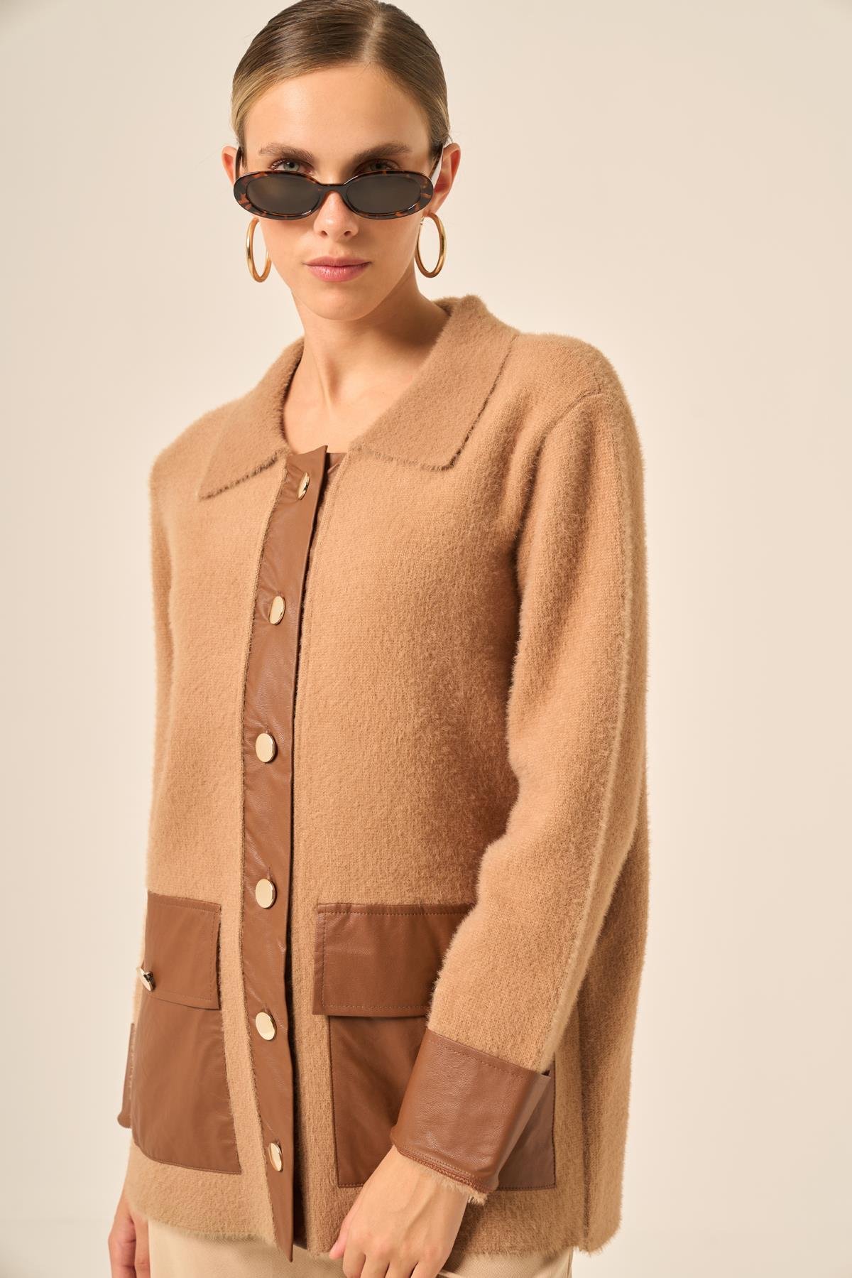 FTZ Women Kadın Deri Detaylı Ceket  Bisküvi 20793