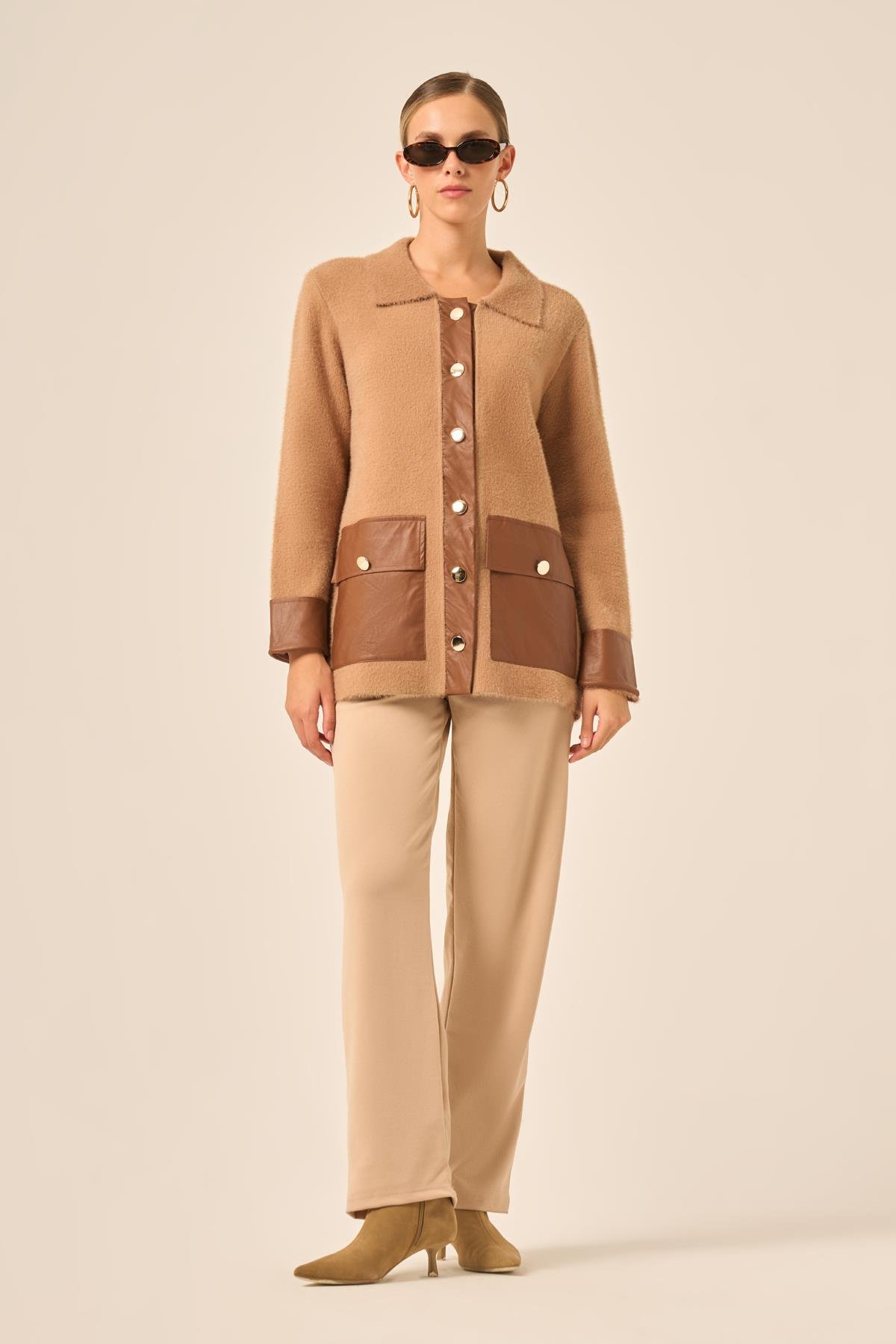 FTZ Women Kadın Deri Detaylı Ceket  Bisküvi 20793