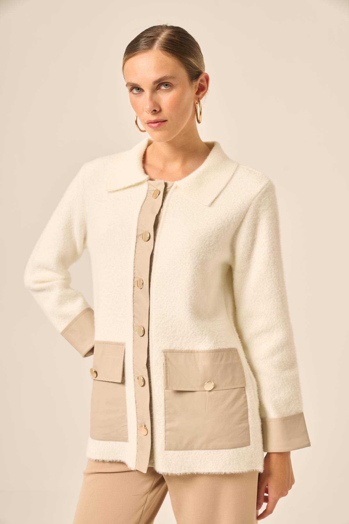 FTZ Women Kadın Deri Detaylı Ceket  Ekru 20793