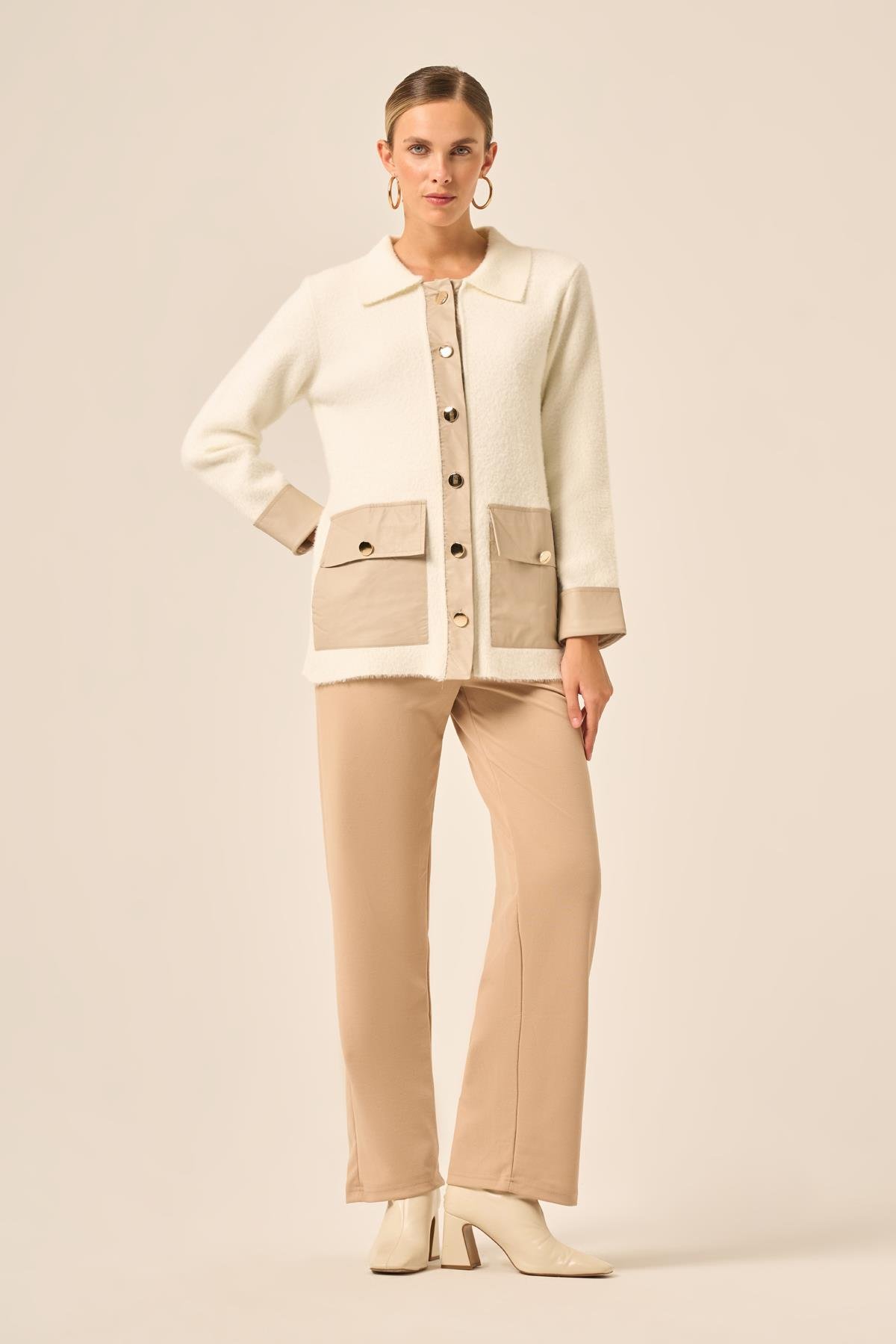 FTZ Women Kadın Deri Detaylı Ceket  Ekru 20793