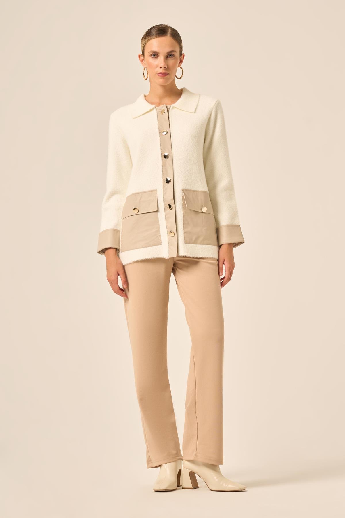 FTZ Women Kadın Deri Detaylı Ceket  Ekru 20793