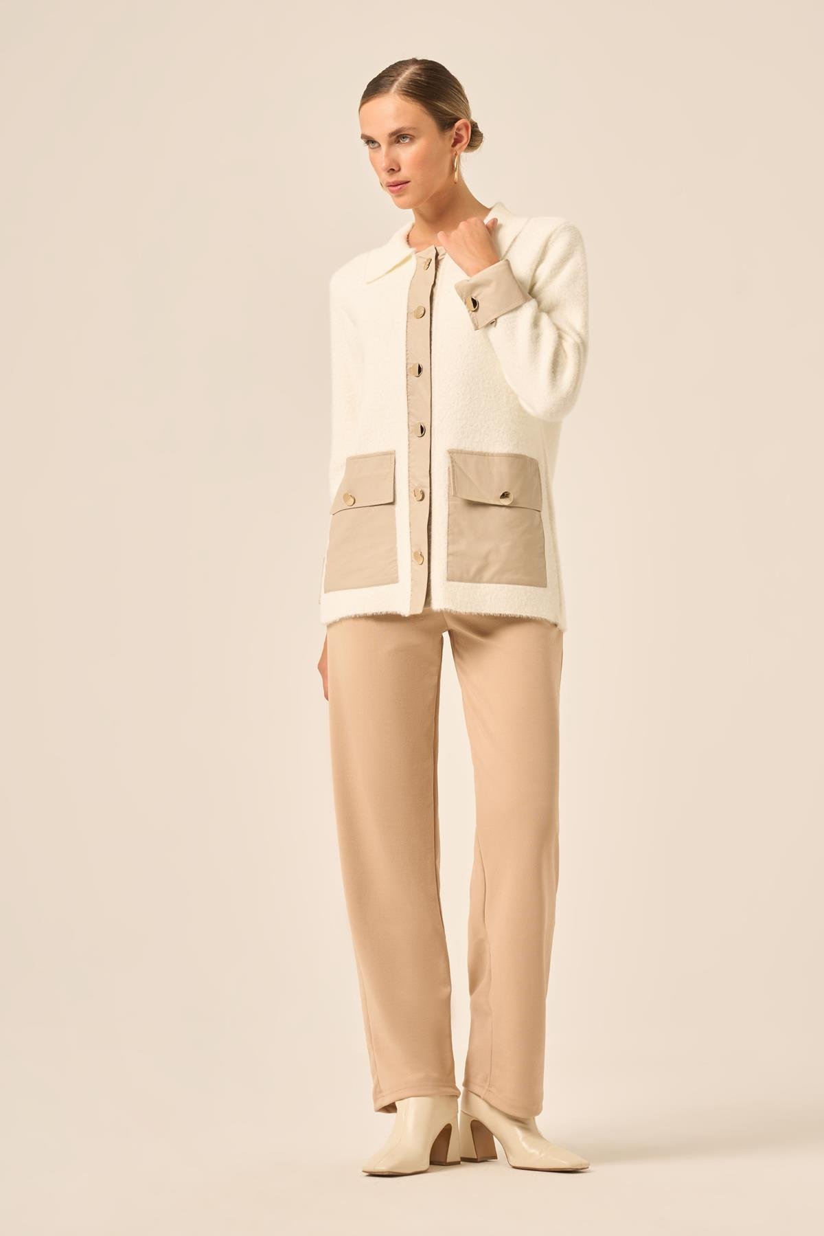 FTZ Women Kadın Deri Detaylı Ceket  Ekru 20793