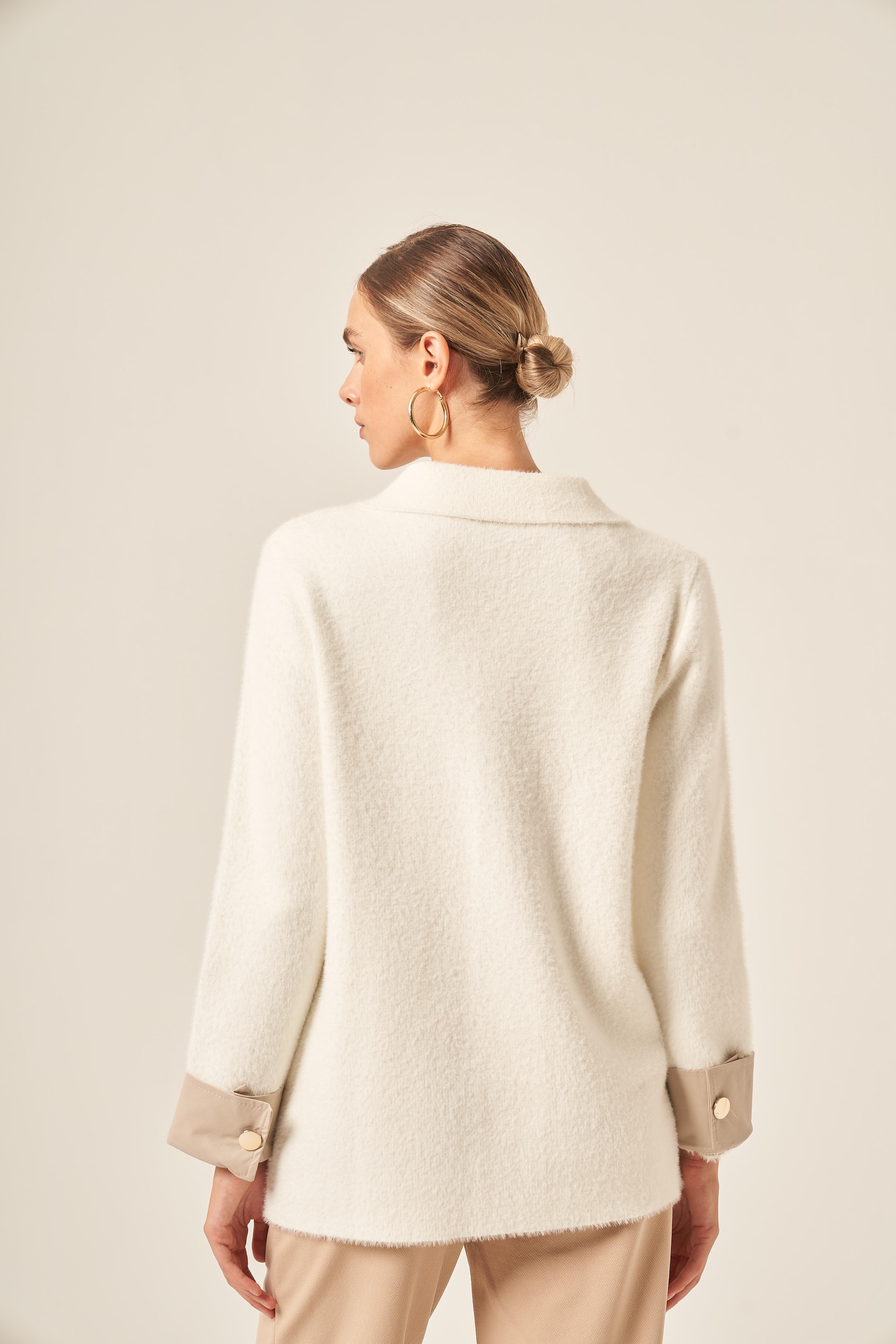 FTZ Women Kadın Deri Detaylı Ceket  Ekru 20793