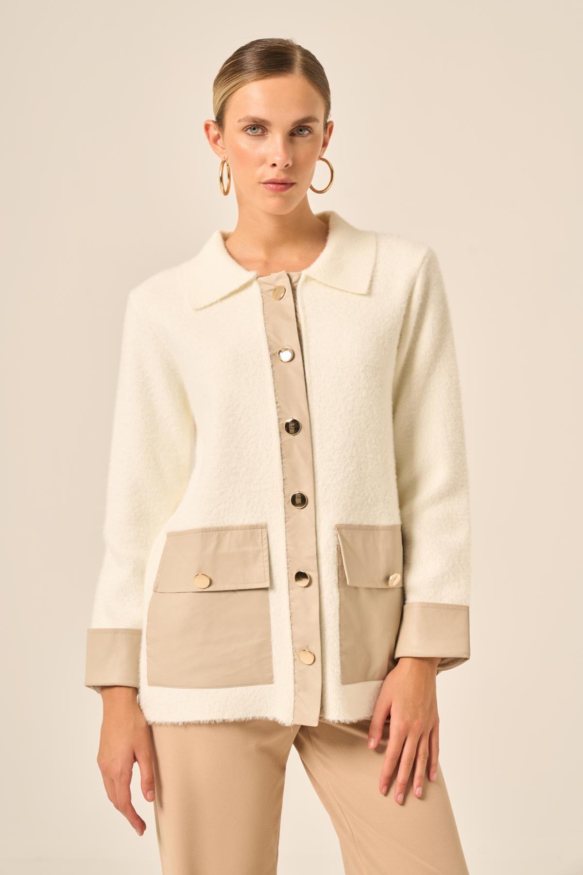 FTZ Women Kadın Deri Detaylı Ceket  Ekru 20793