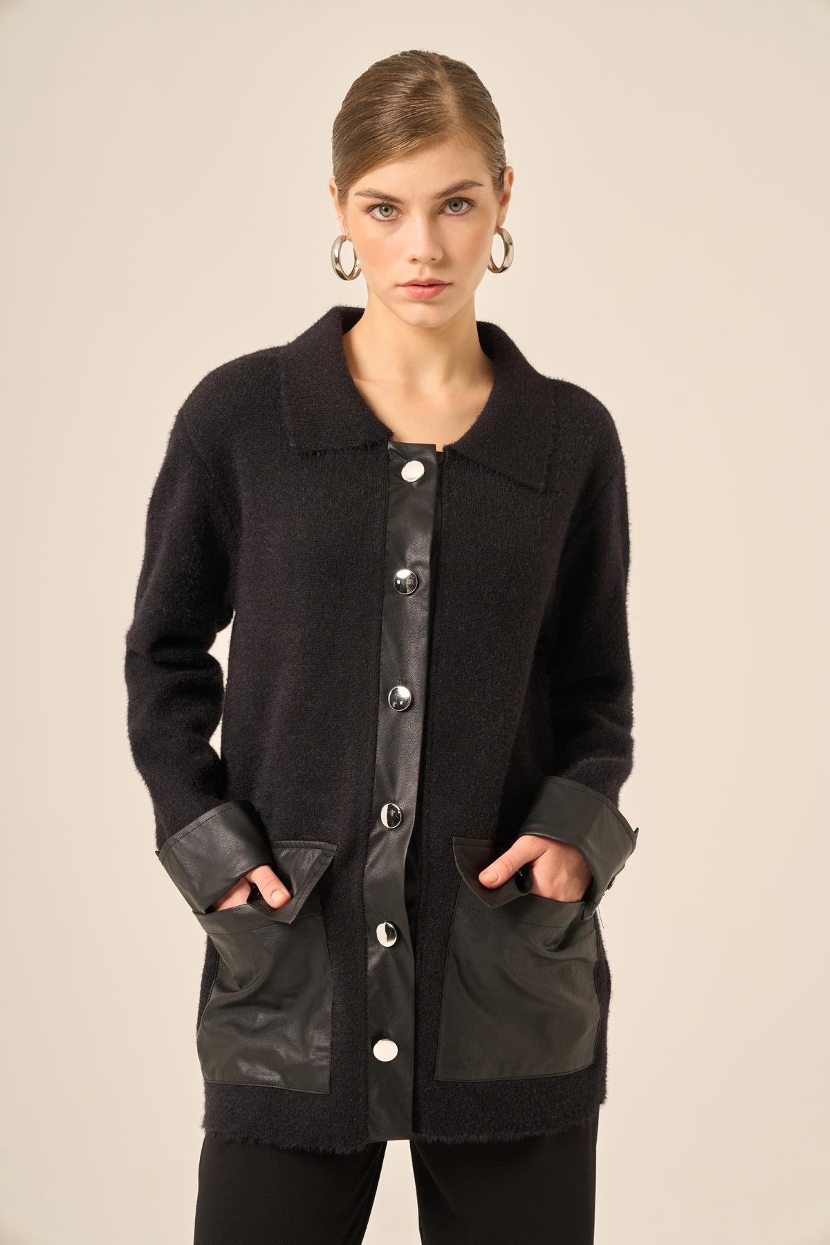 FTZ Women Kadın Deri Detaylı Ceket  Siyah 20793