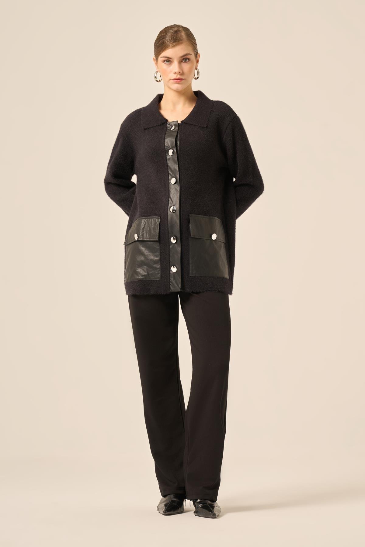 FTZ Women Kadın Deri Detaylı Ceket  Siyah 20793