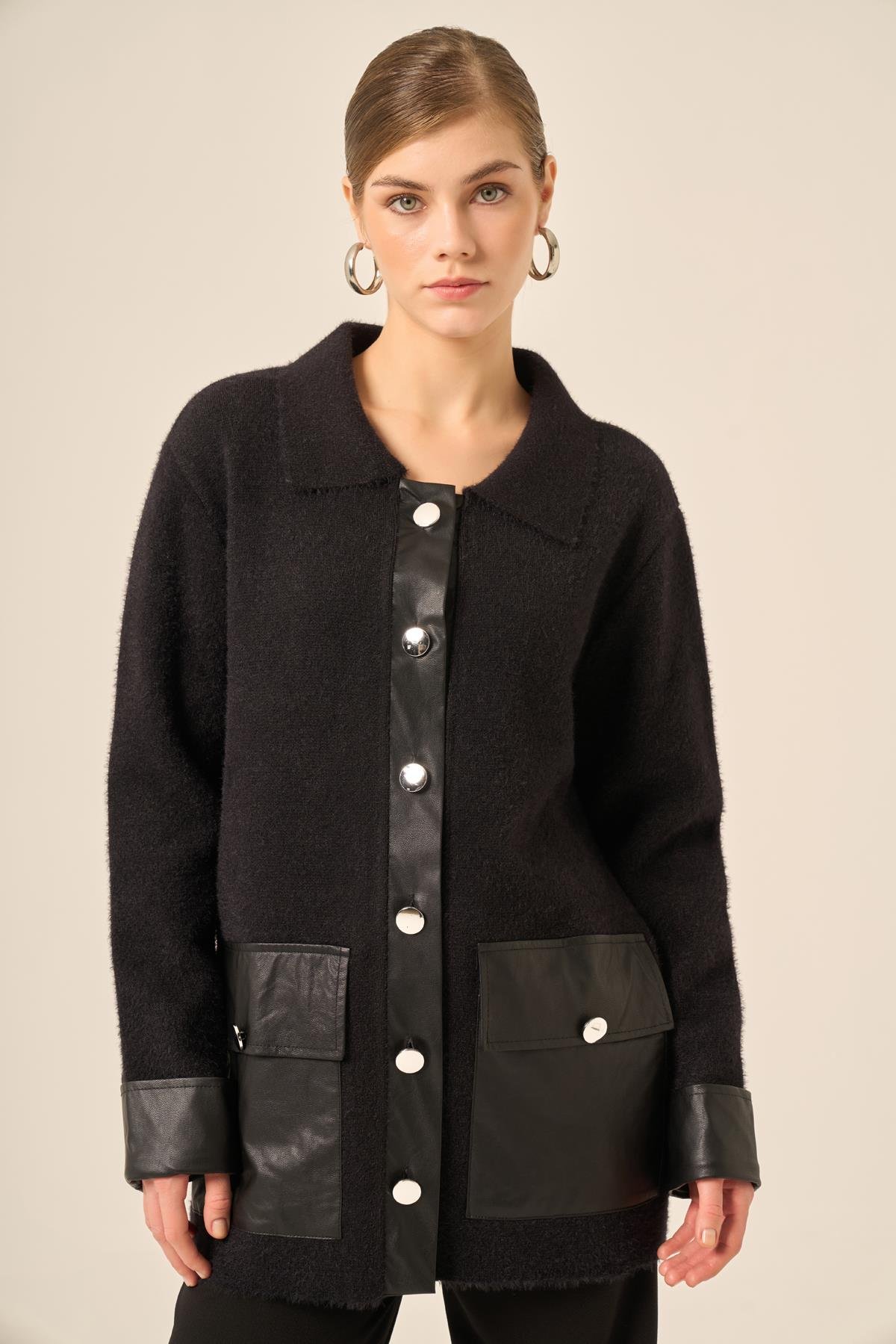 FTZ Women Kadın Deri Detaylı Ceket  Siyah 20793