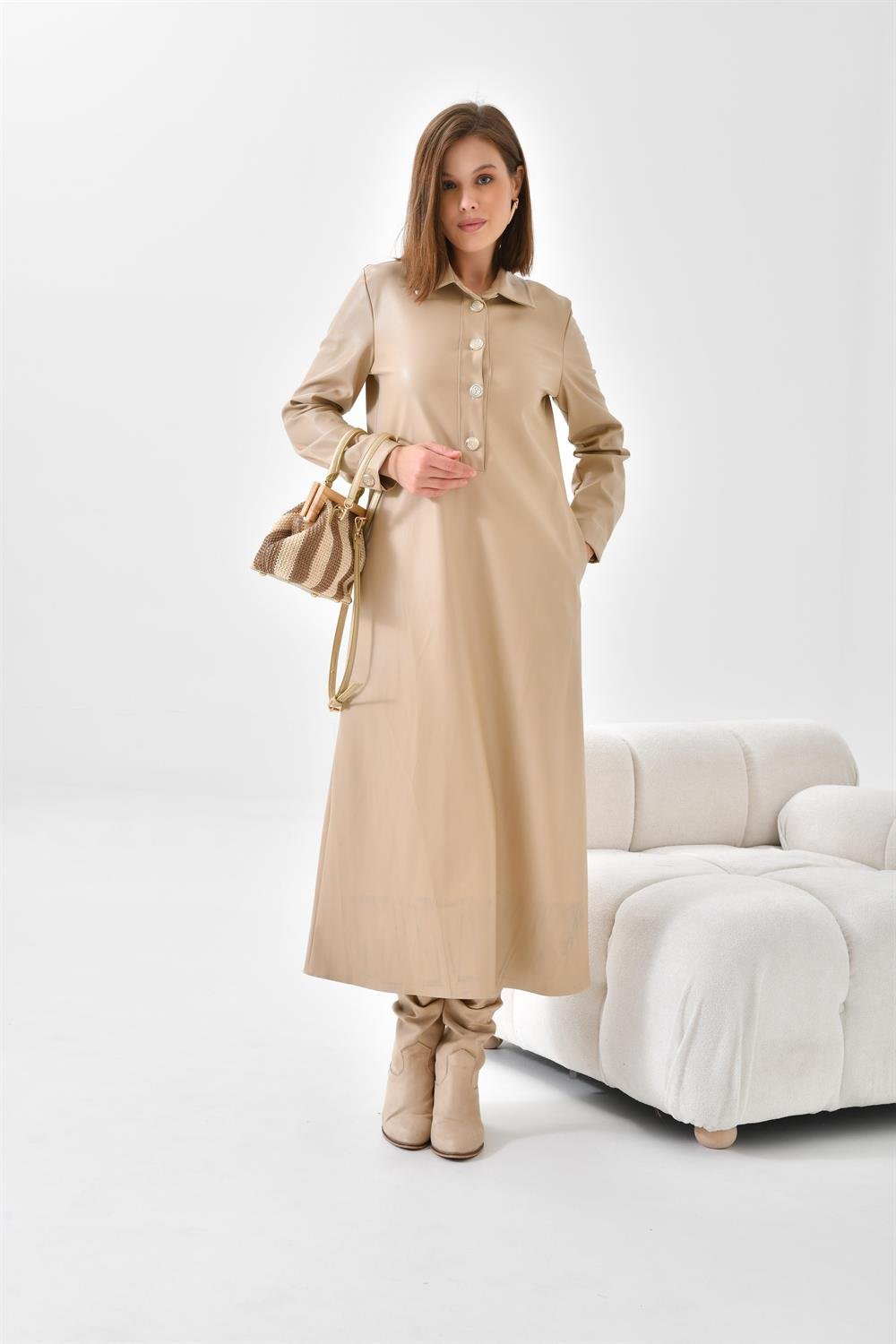 Ftz Women Kadın Deri Elbise Beige