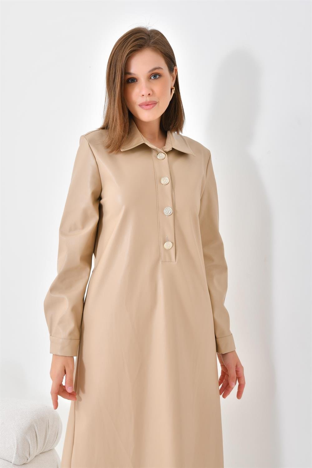 Ftz Women Kadın Deri Elbise Beige