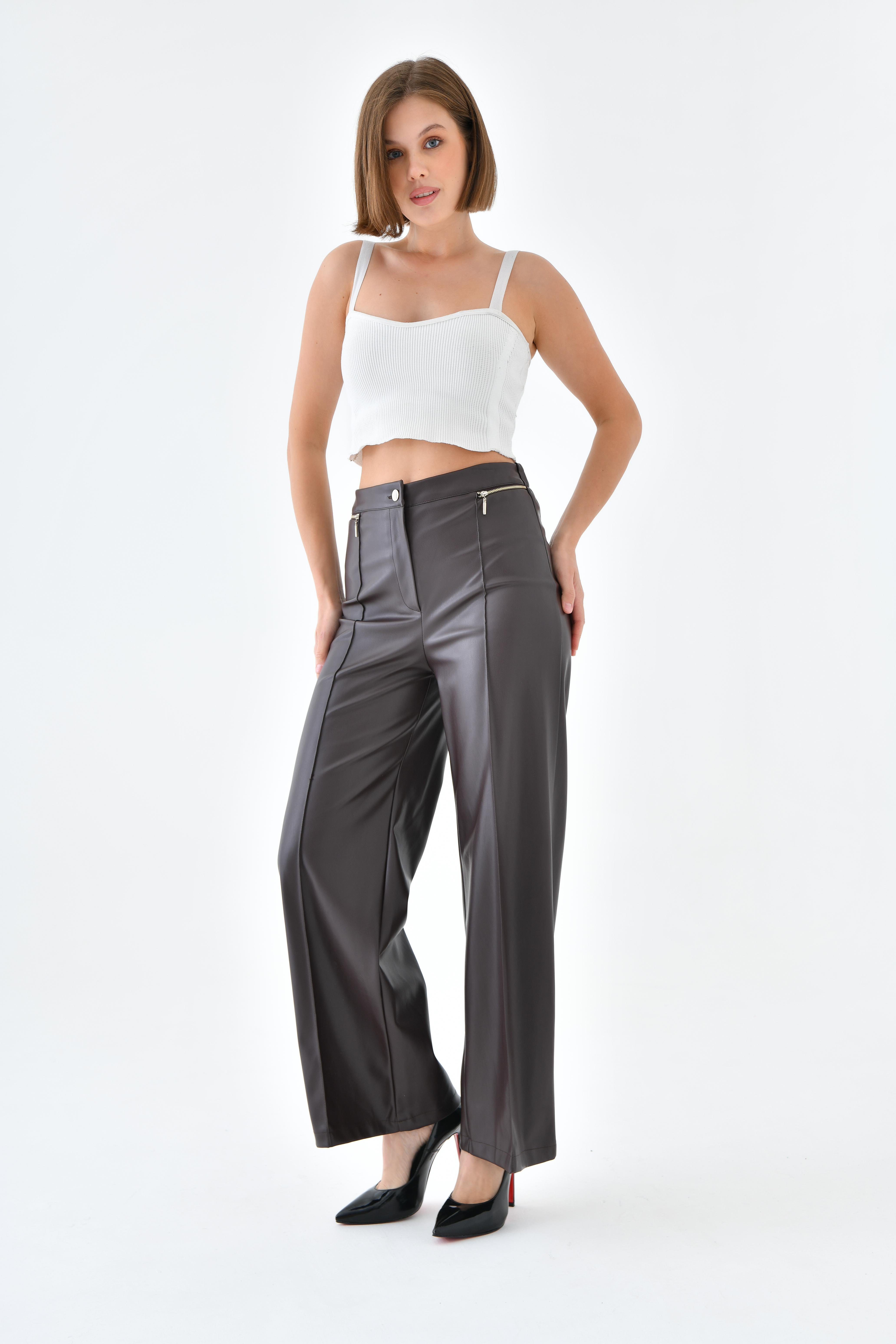 FTZ Women Kadın Deri Pantolon  Kahve 30634