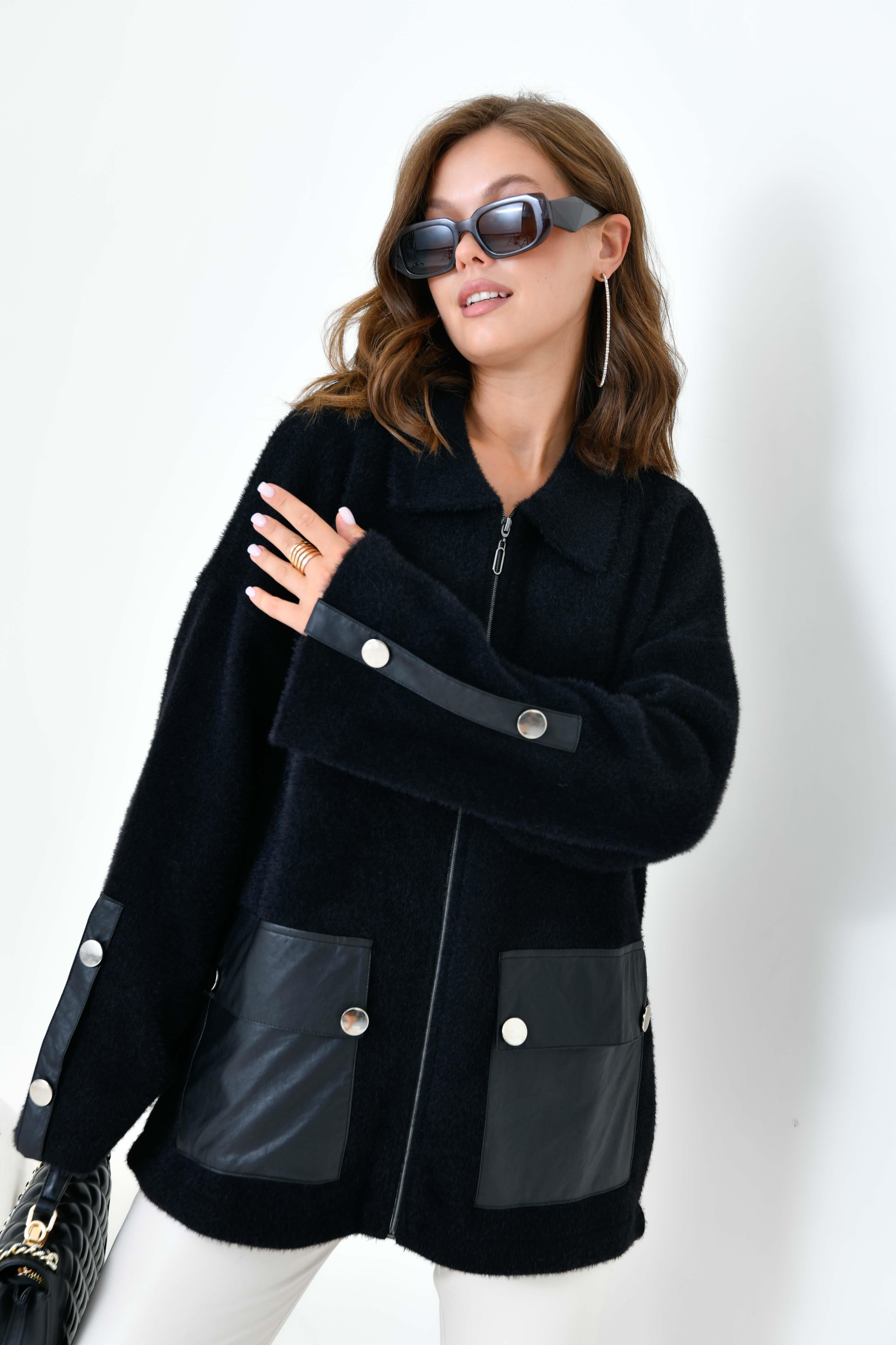 FTZ Women Kadın Deri Ve Düğme Detaylı Ceket  Siyah 20758