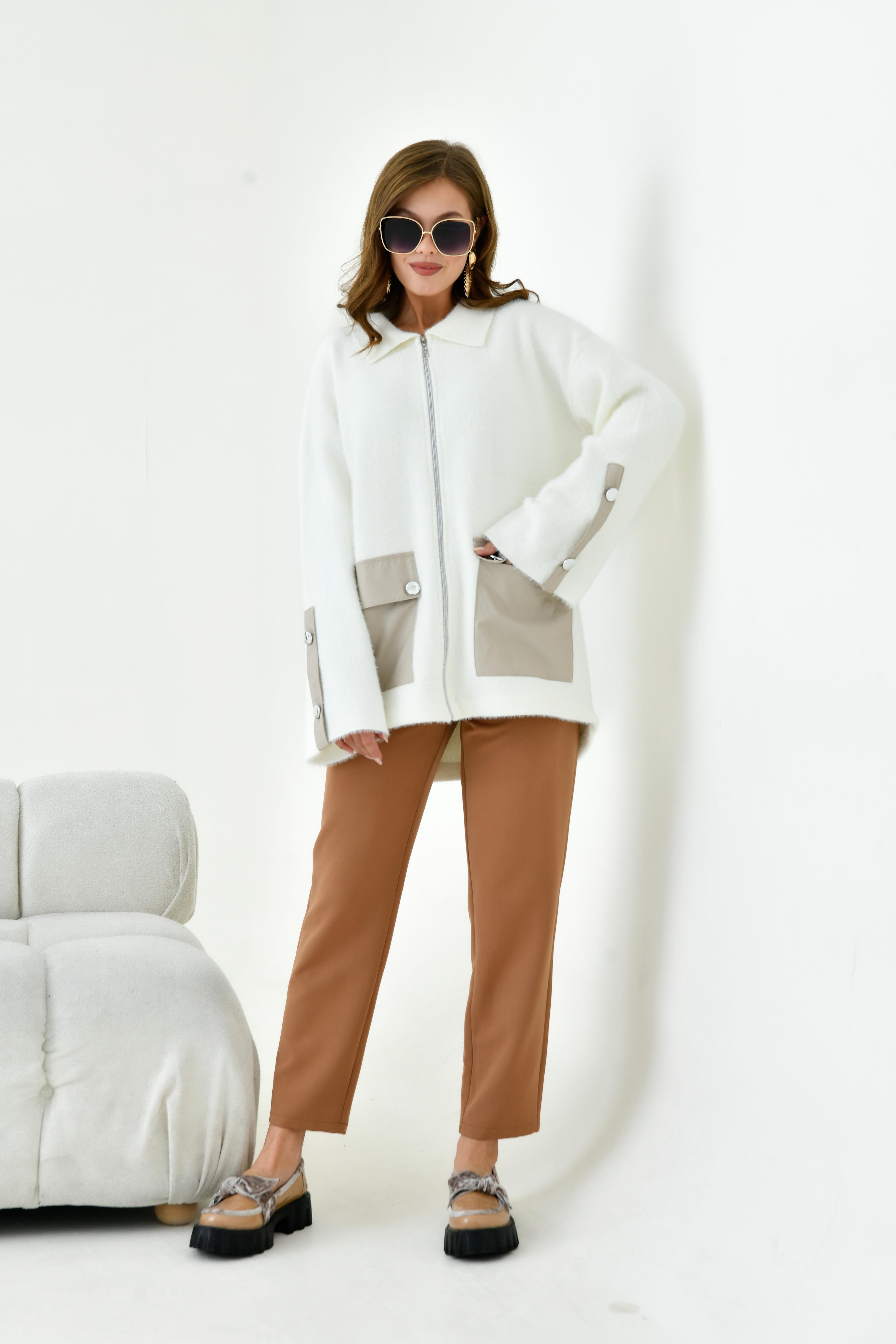 FTZ Women Kadın Deri Ve Düğme Detaylı Ceket  Ekru 20758