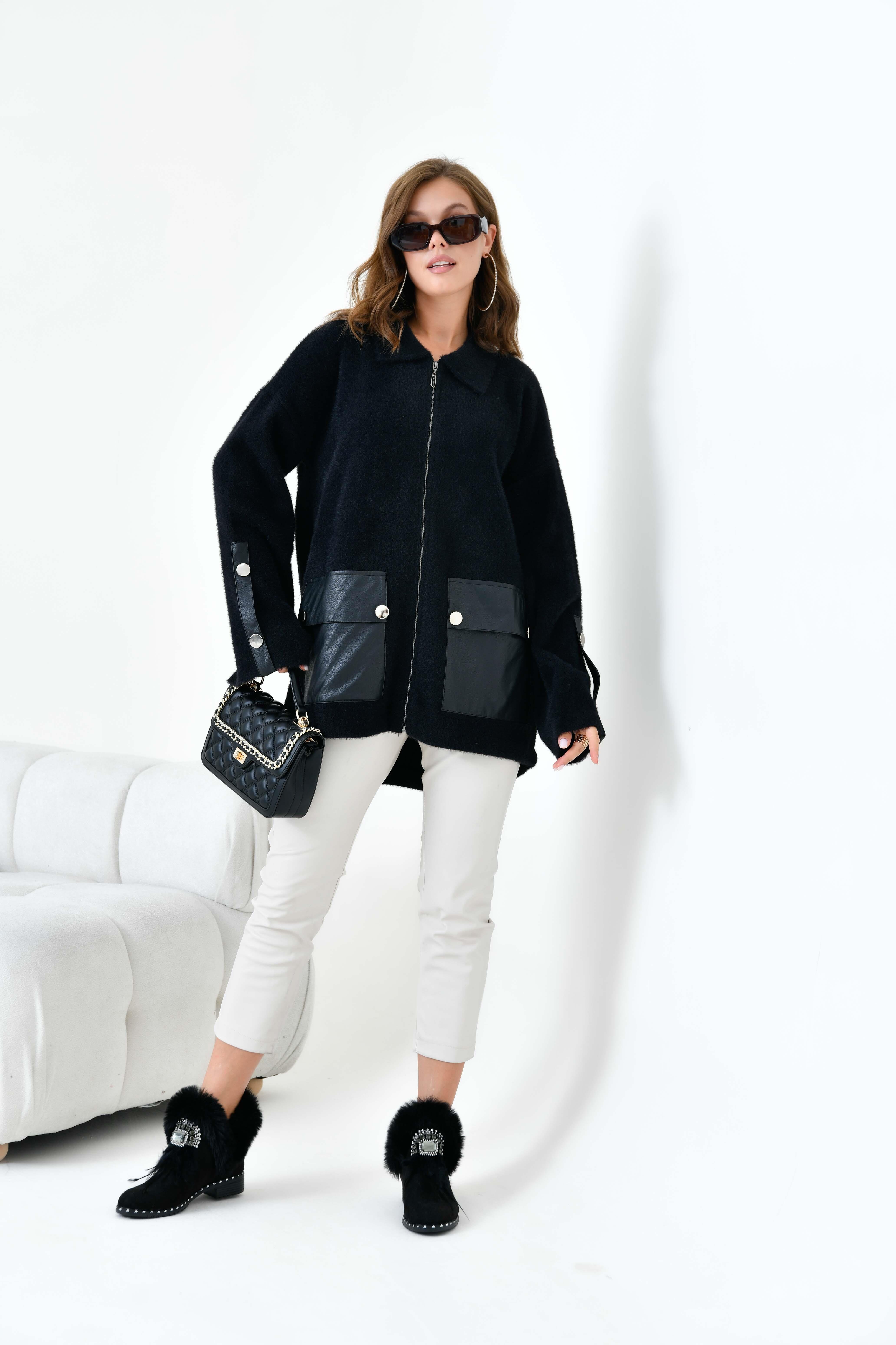 FTZ Women Kadın Deri Ve Düğme Detaylı Ceket  Siyah 20758