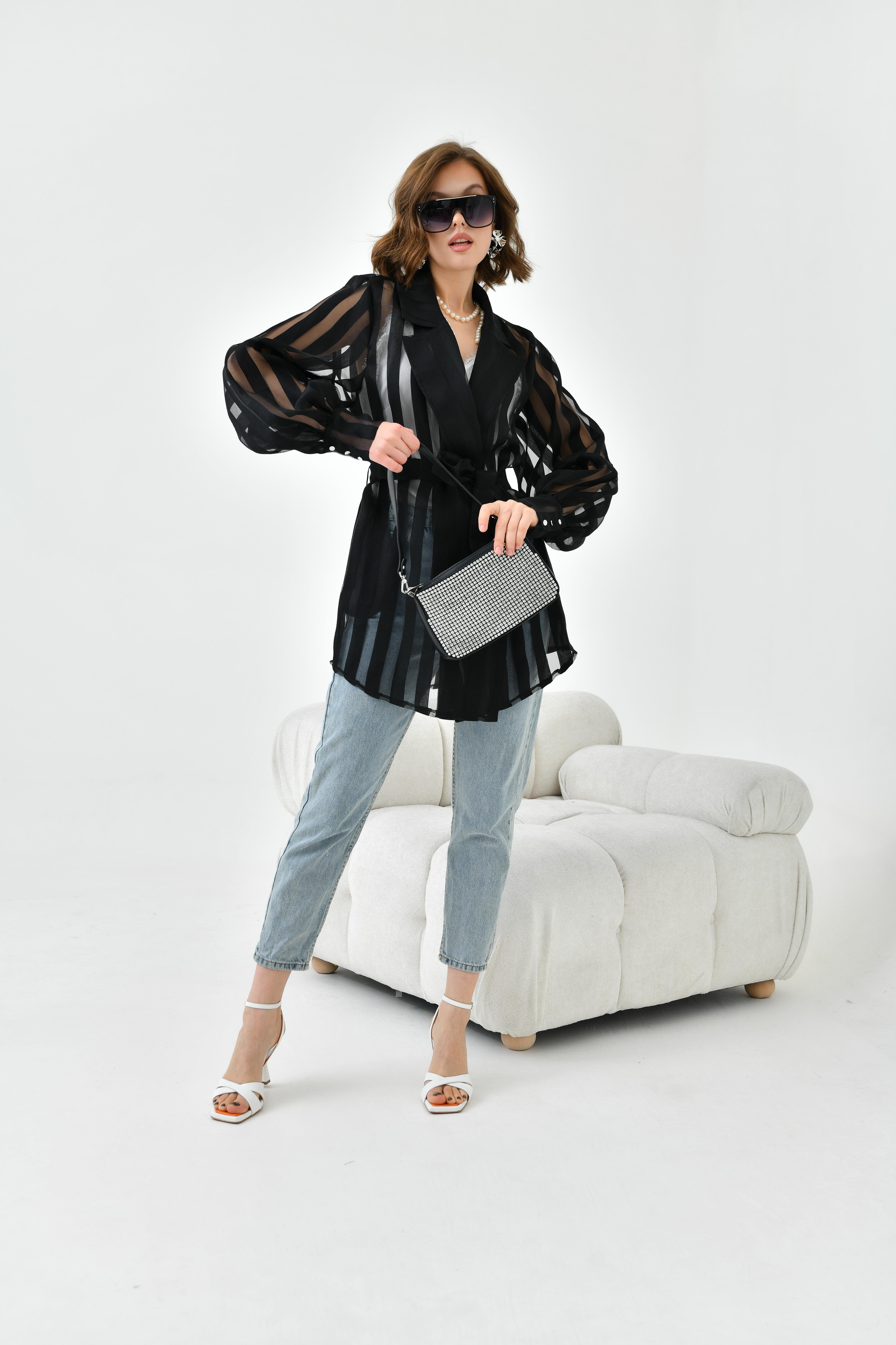 FTZ Women Kadın Desenli Organze Kap  Siyah 30738