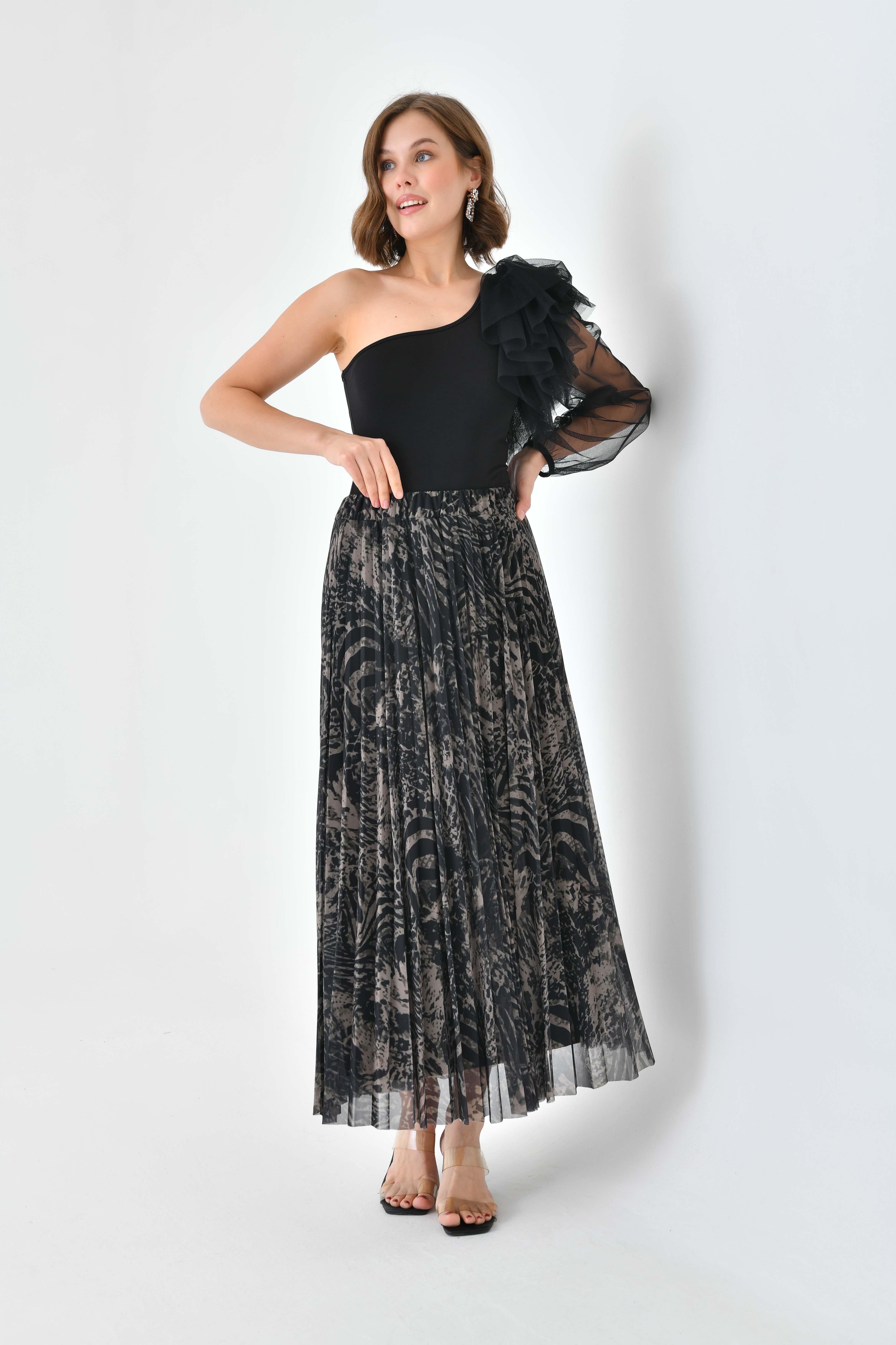 FTZ Women Kadın Desenli Pliseli Etek  Beige 30728