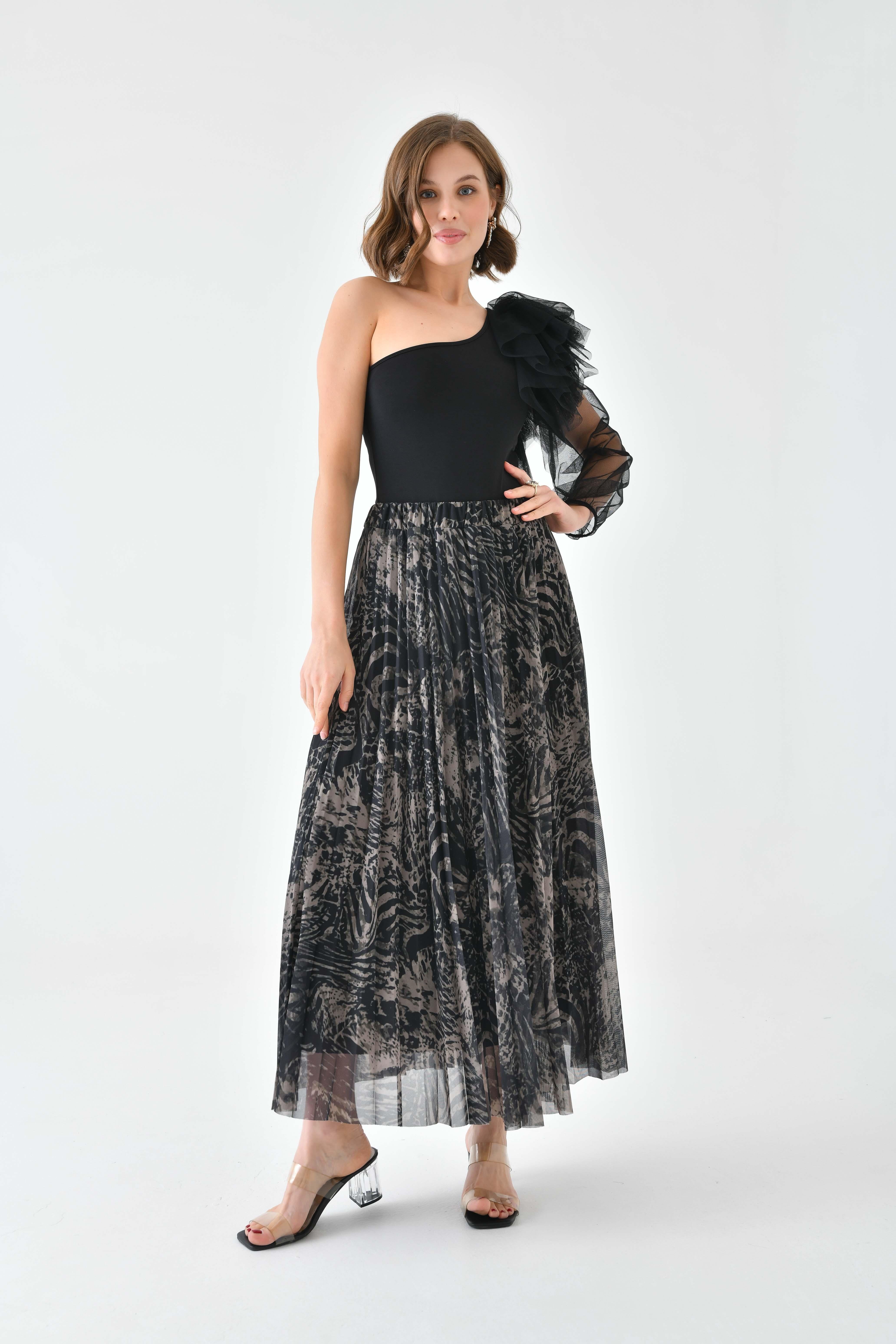 FTZ Women Kadın Desenli Pliseli Etek  Beige 30728