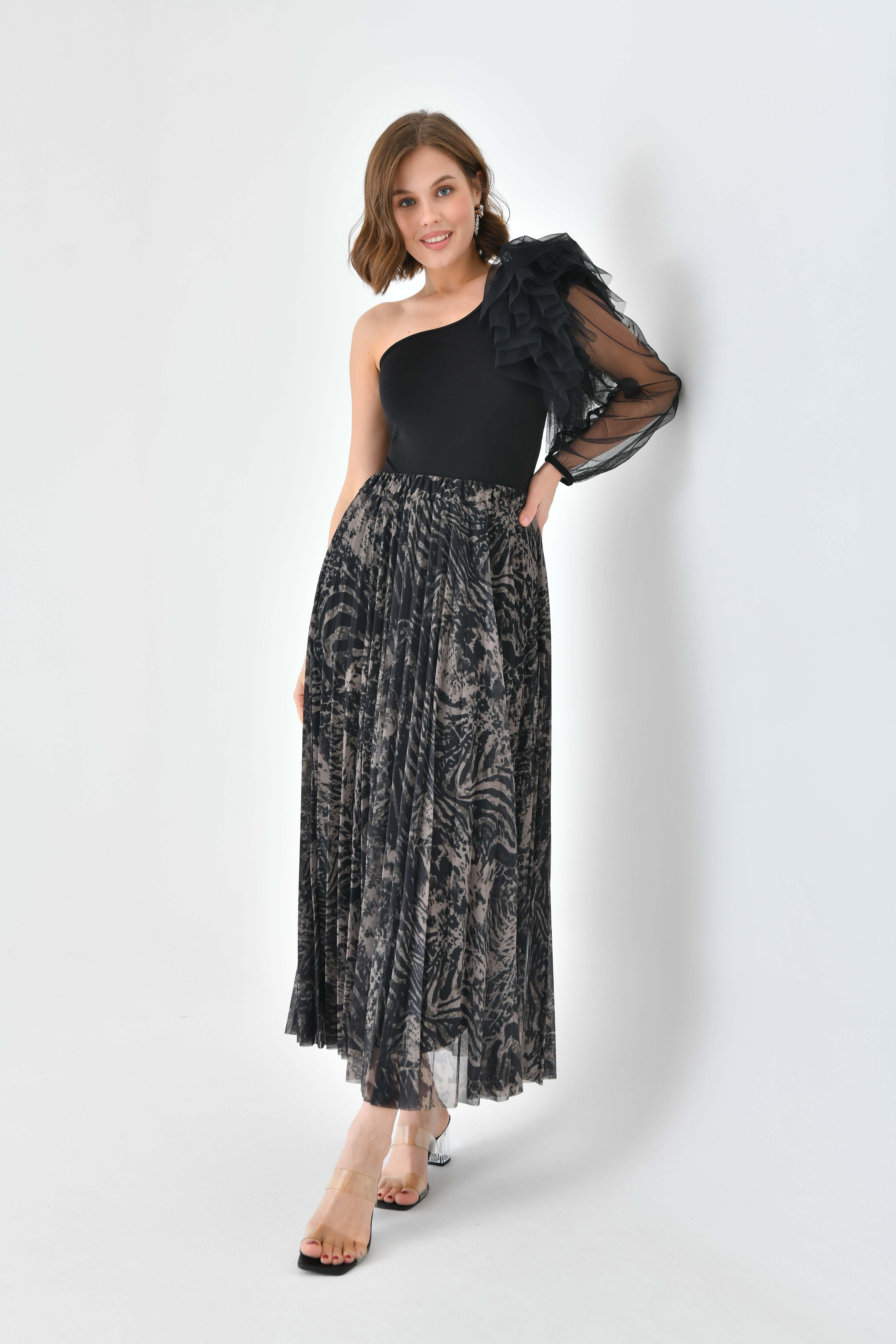 FTZ Women Kadın Desenli Pliseli Etek  Beige 30728