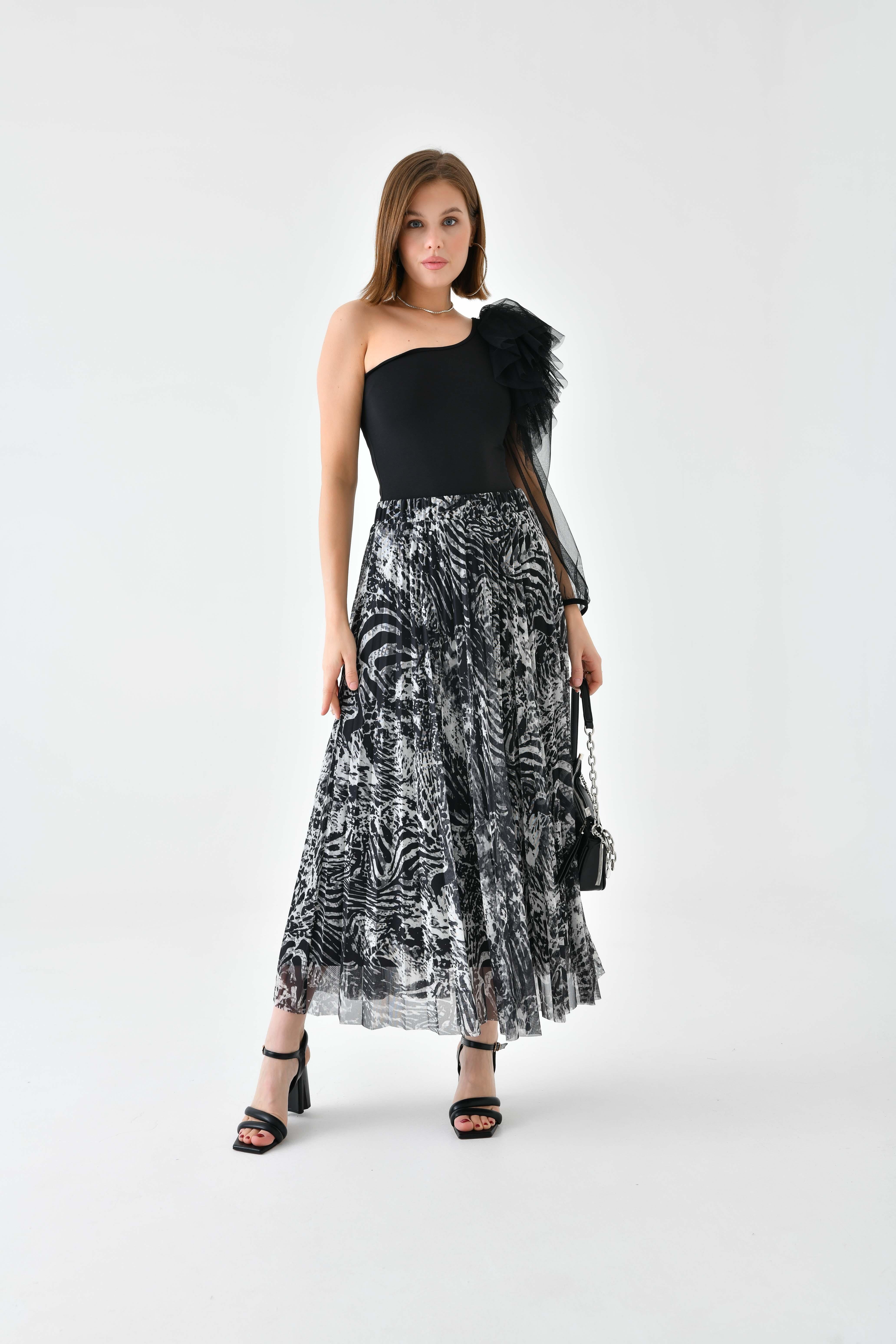 FTZ Women Kadın Desenli Pliseli Etek  Siyah 30728