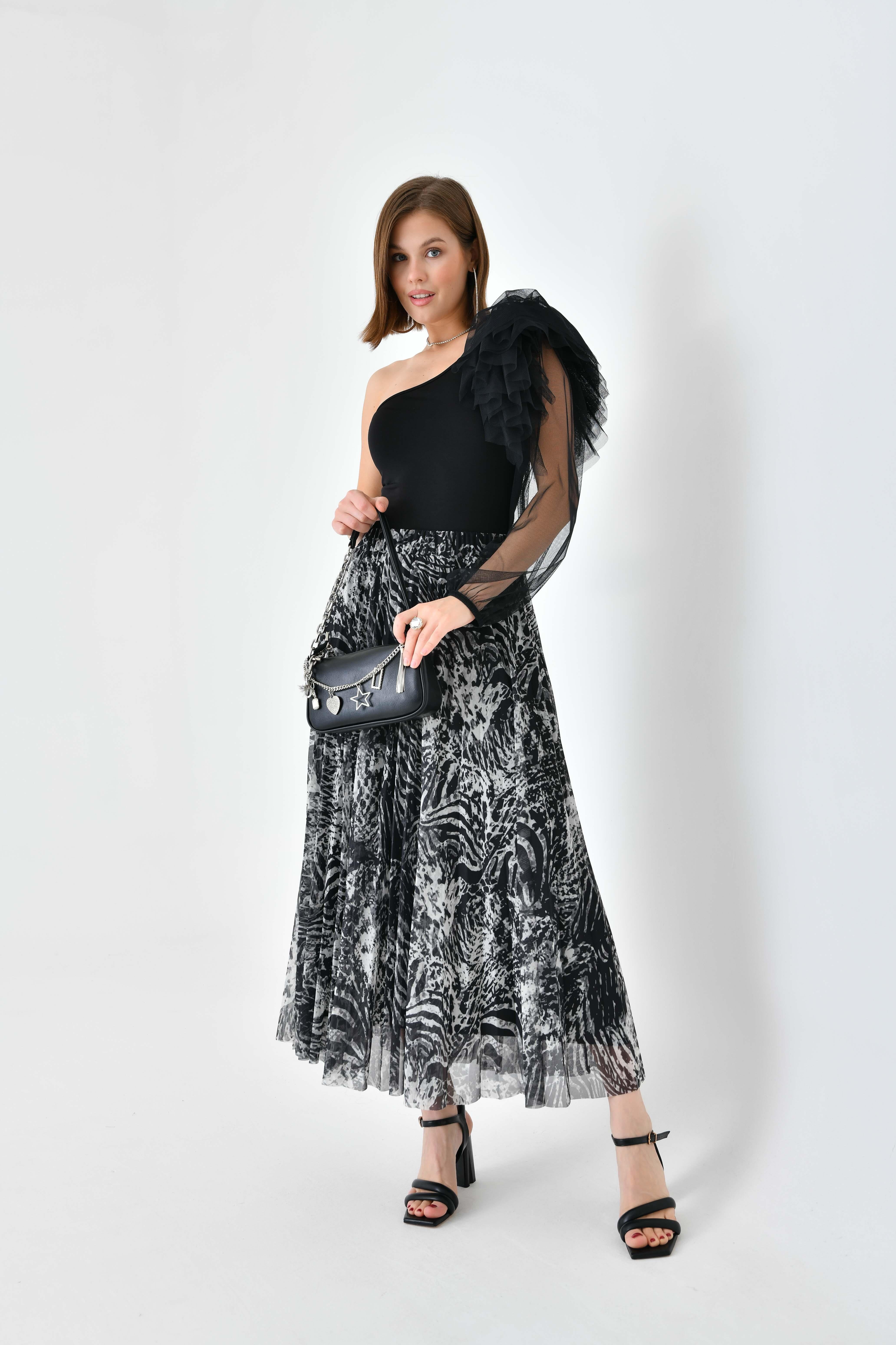 FTZ Women Kadın Desenli Pliseli Etek  Siyah 30728