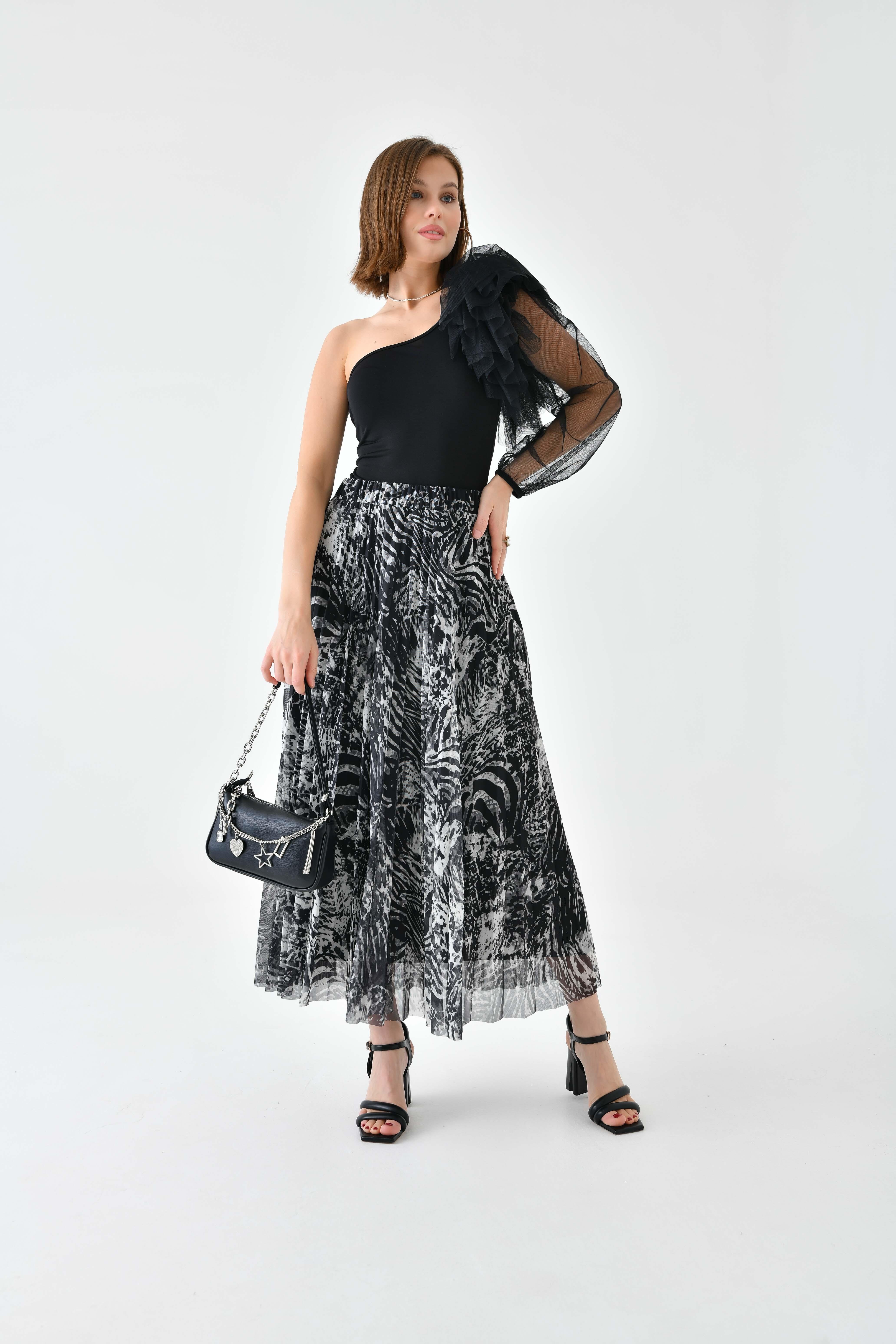 FTZ Women Kadın Desenli Pliseli Etek  Siyah 30728