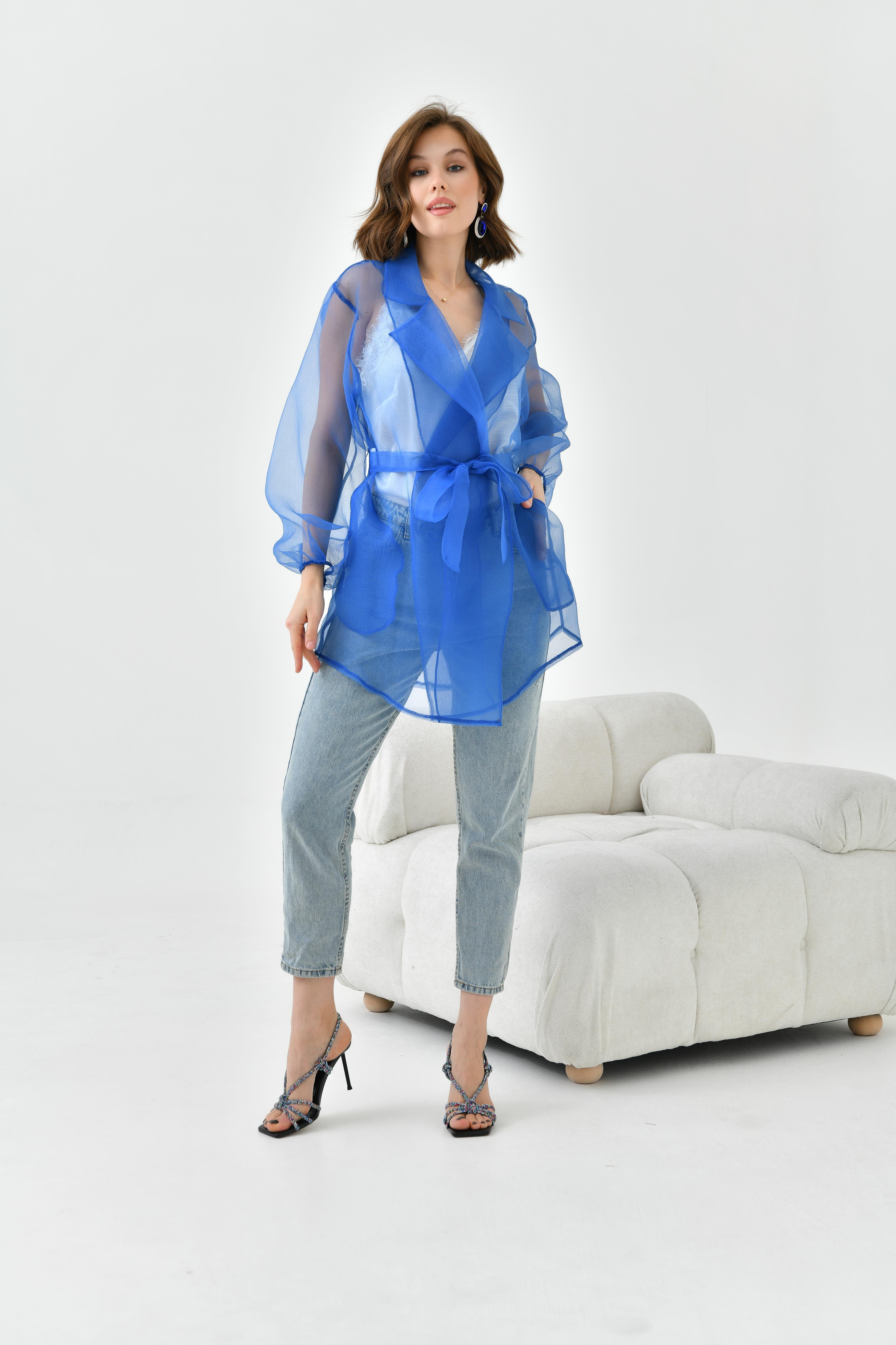 Ftz Women Kadın Desenli Şifon Kap Saks Mavi 30737