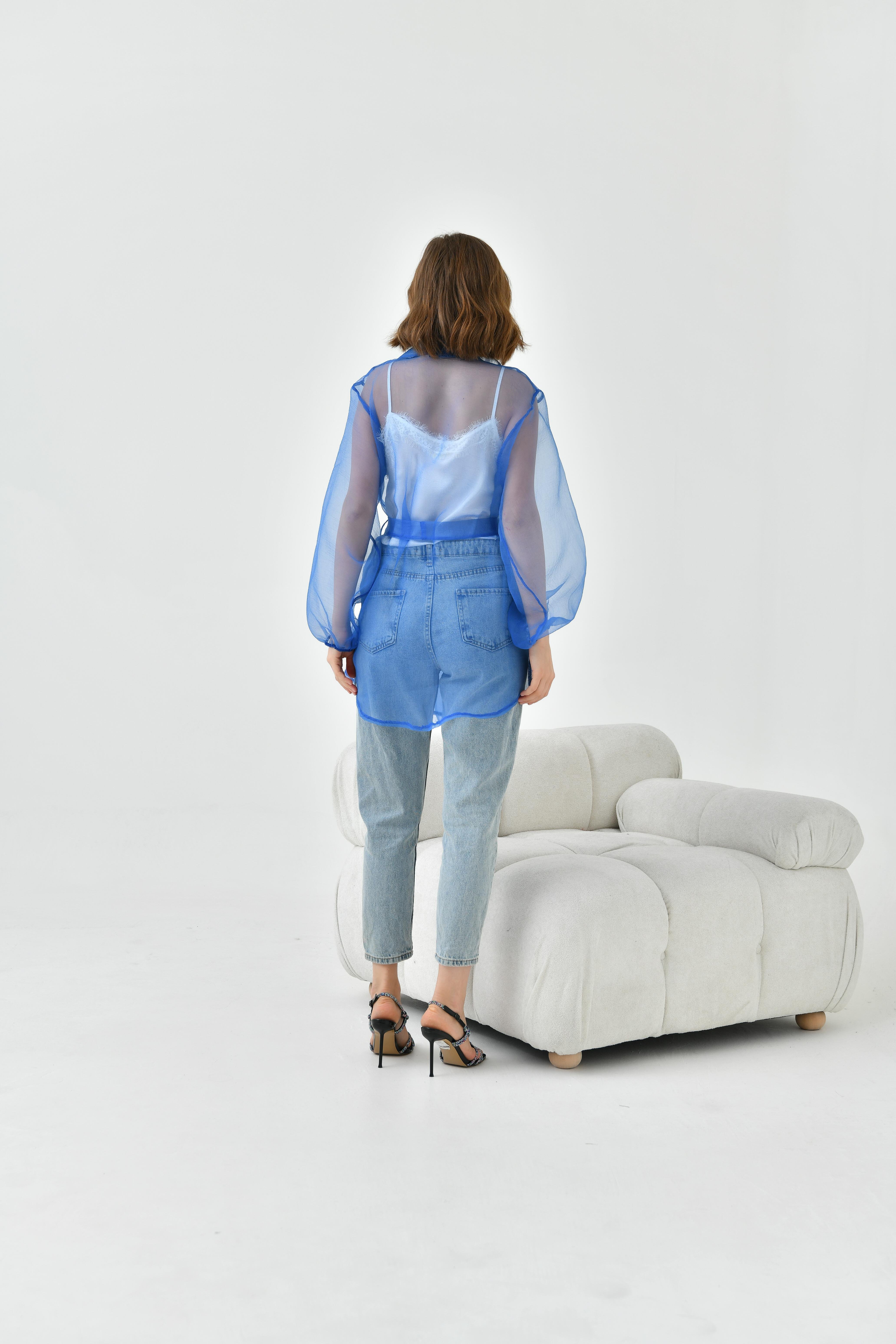 Ftz Women Kadın Desenli Şifon Kap Saks Mavi 30737