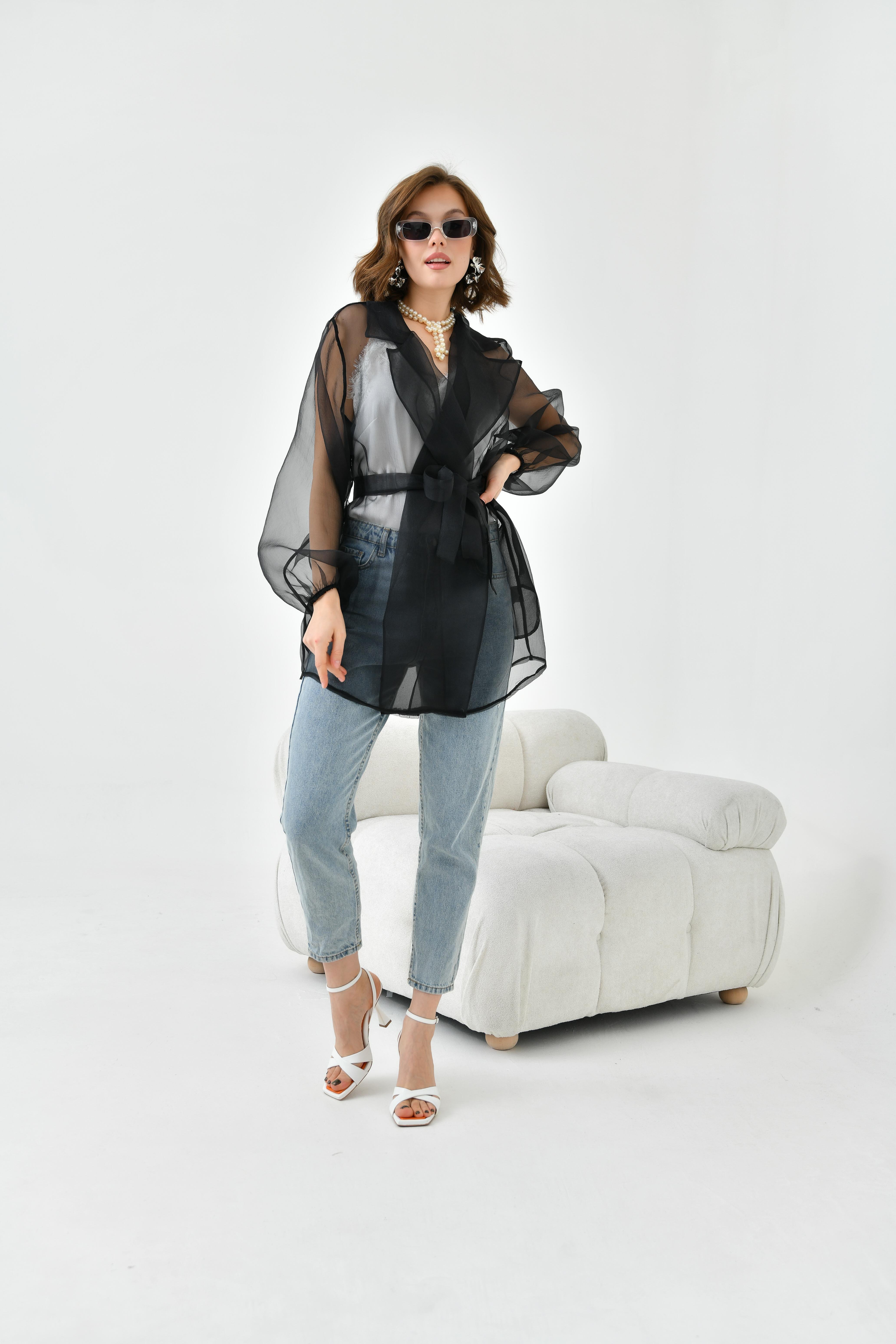 FTZ Women Kadın Desenli Şifon Kap  Siyah 30737