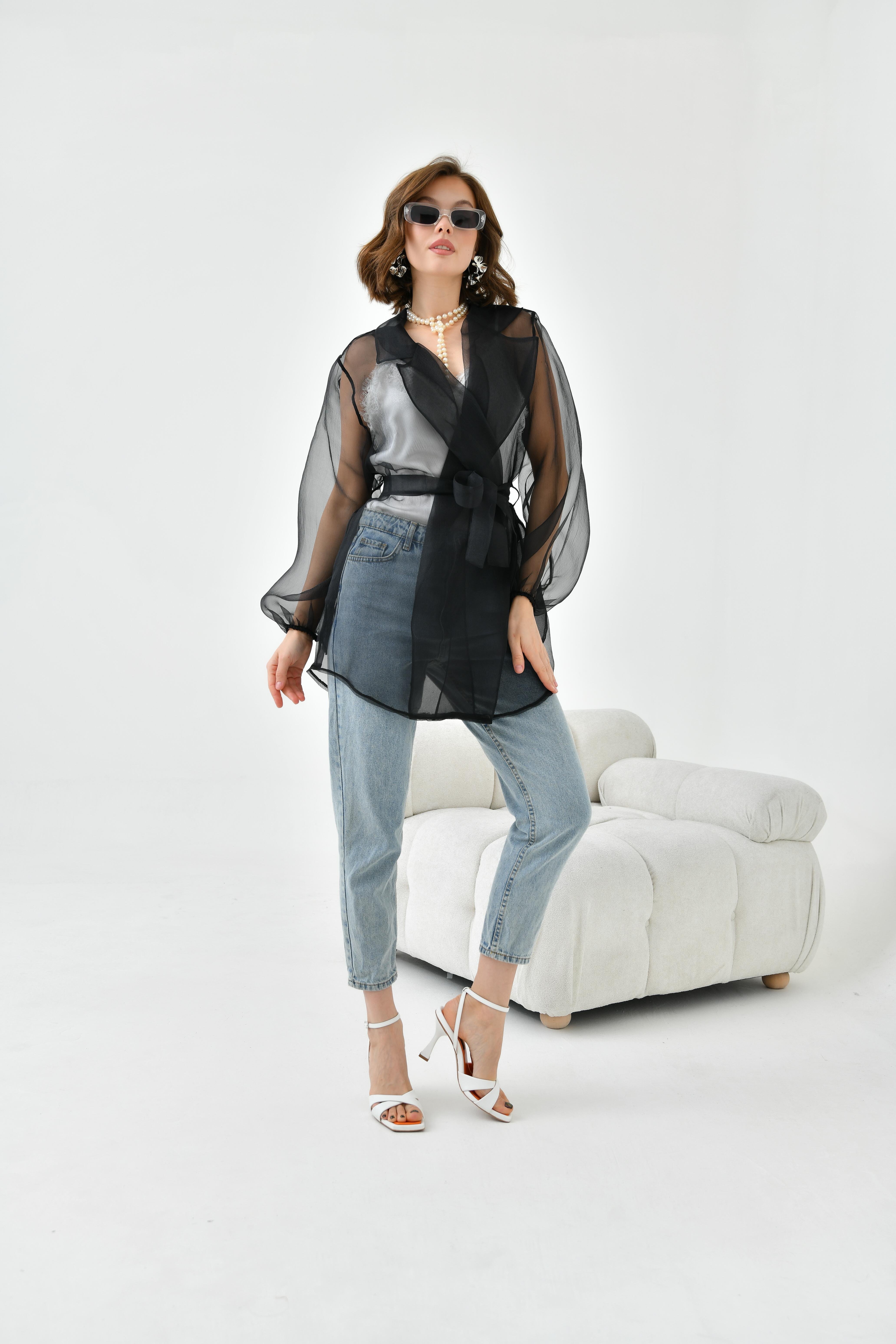 FTZ Women Kadın Desenli Şifon Kap  Siyah 30737