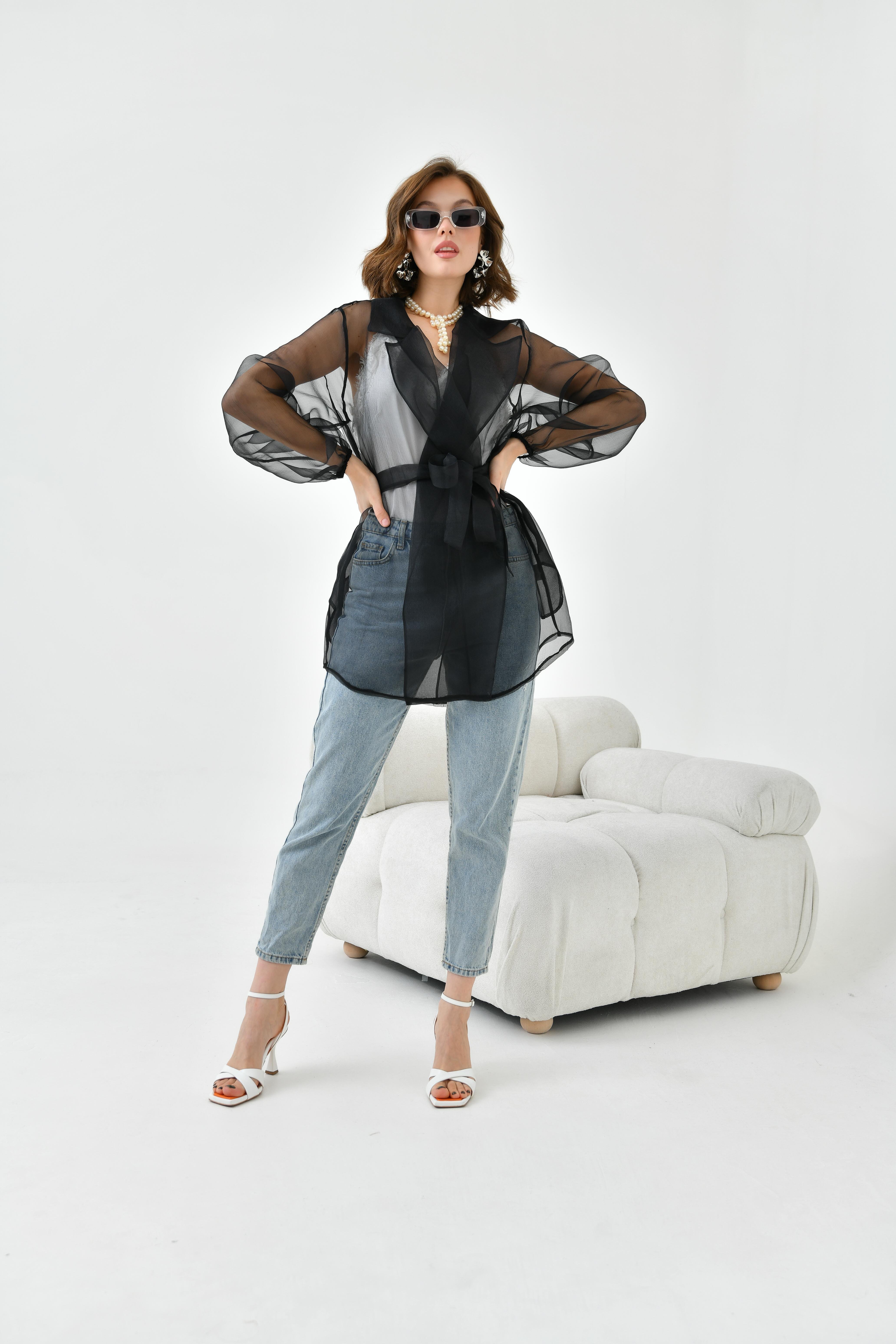 FTZ Women Kadın Desenli Şifon Kap  Siyah 30737