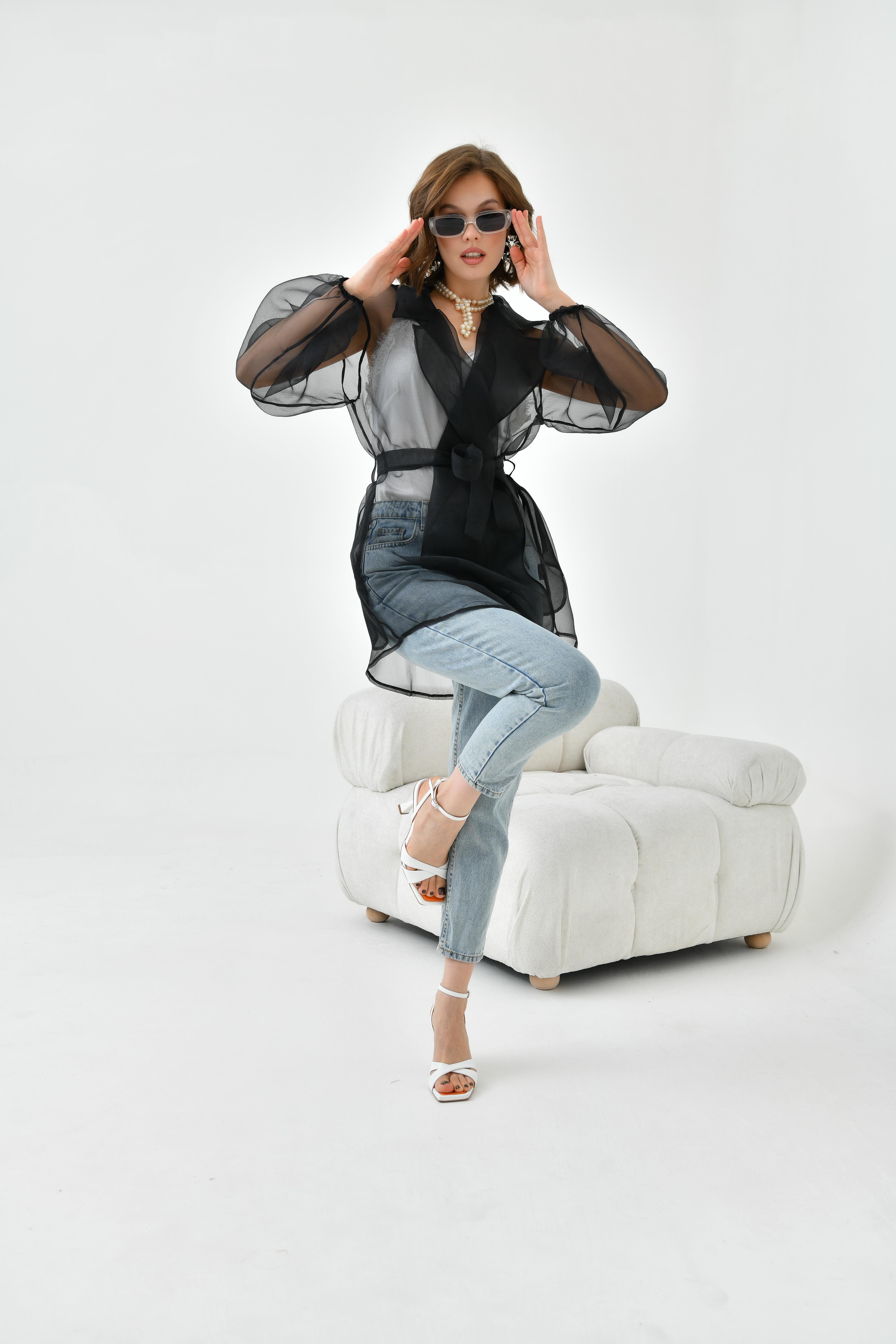 FTZ Women Kadın Desenli Şifon Kap  Siyah 30737