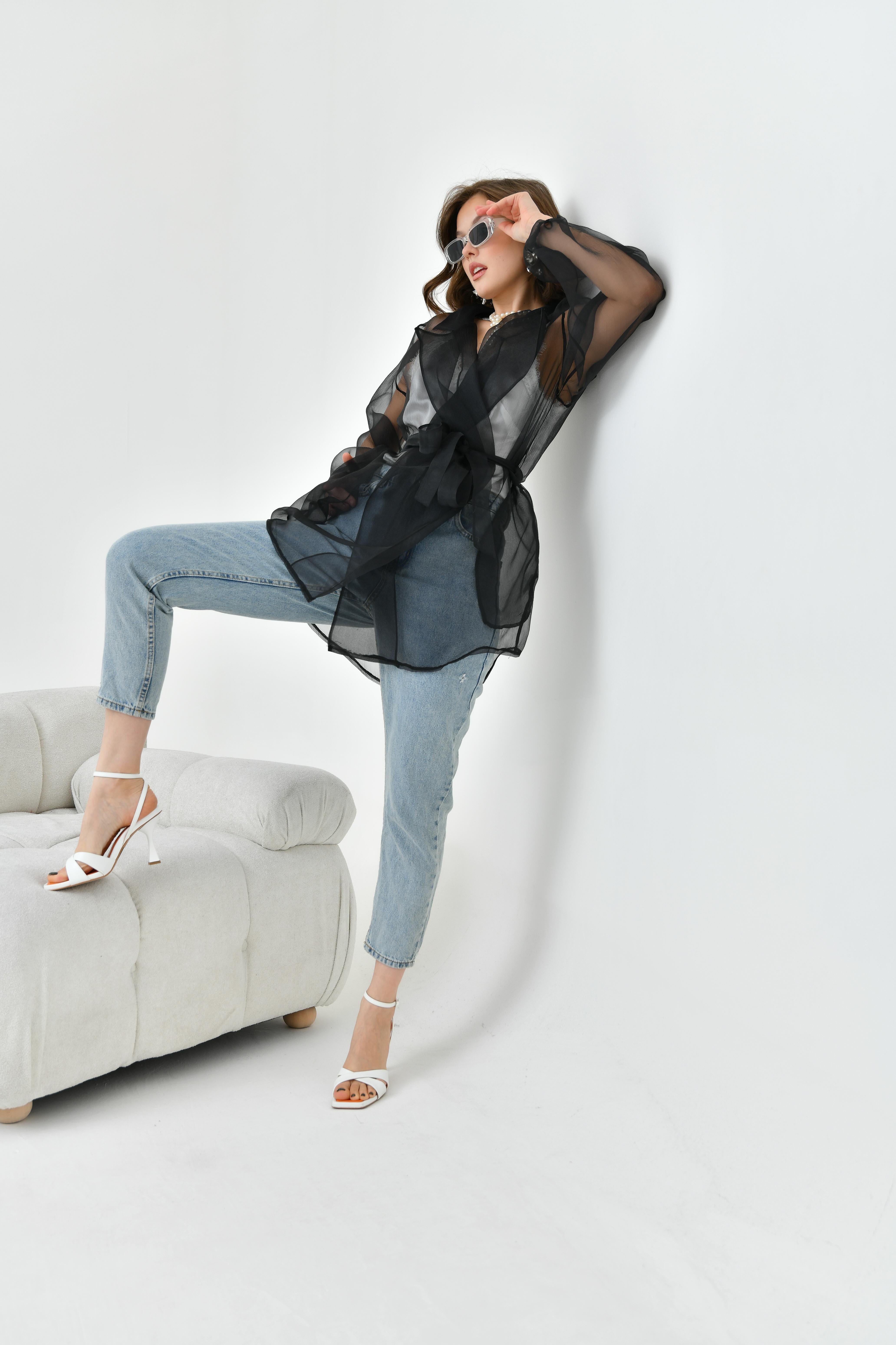 FTZ Women Kadın Desenli Şifon Kap  Siyah 30737