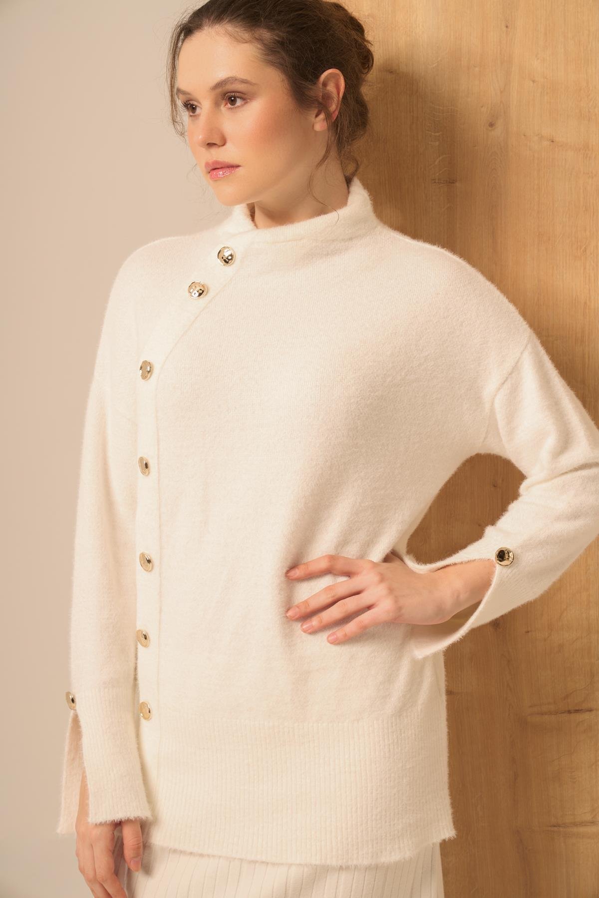 FTZ Women Kadın Düğme Detay Kazak  Ekru 25064
