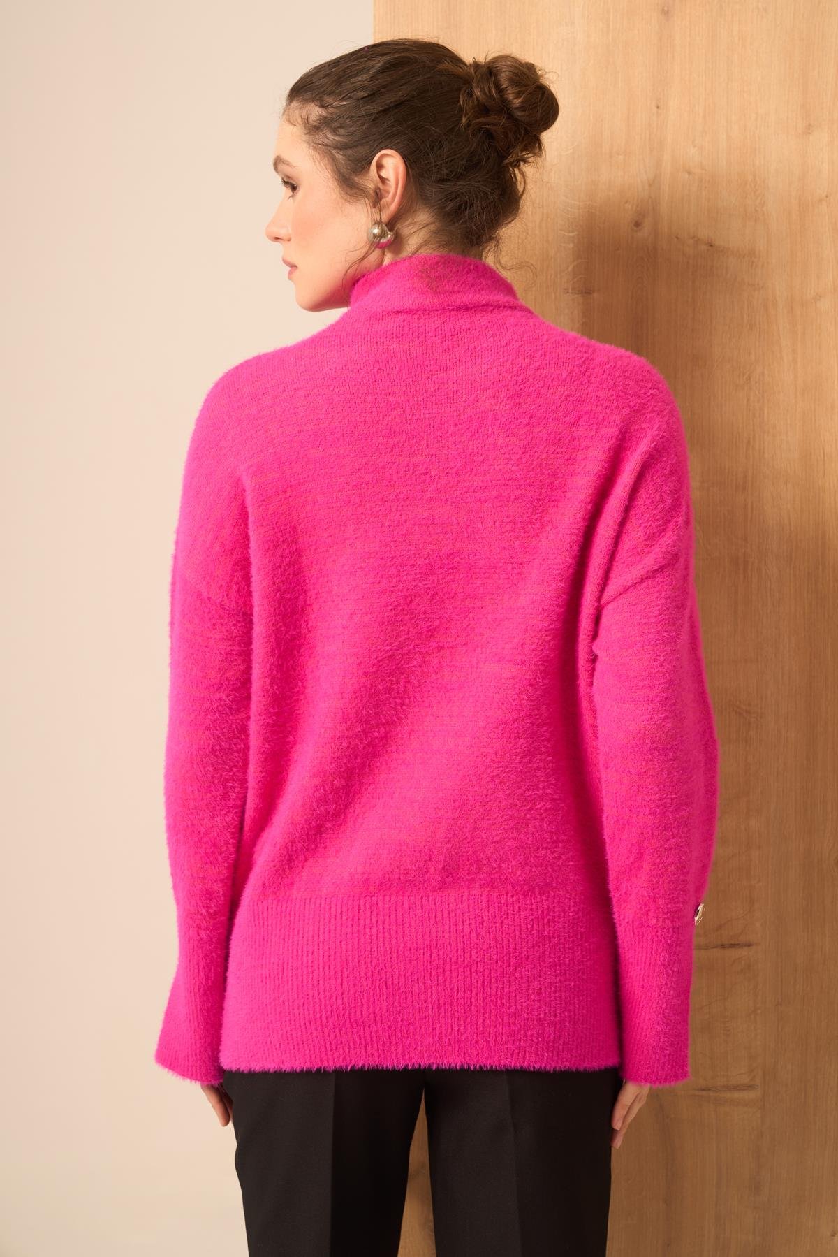 FTZ Women Kadın Düğme Detay Kazak  Fuşya 25064