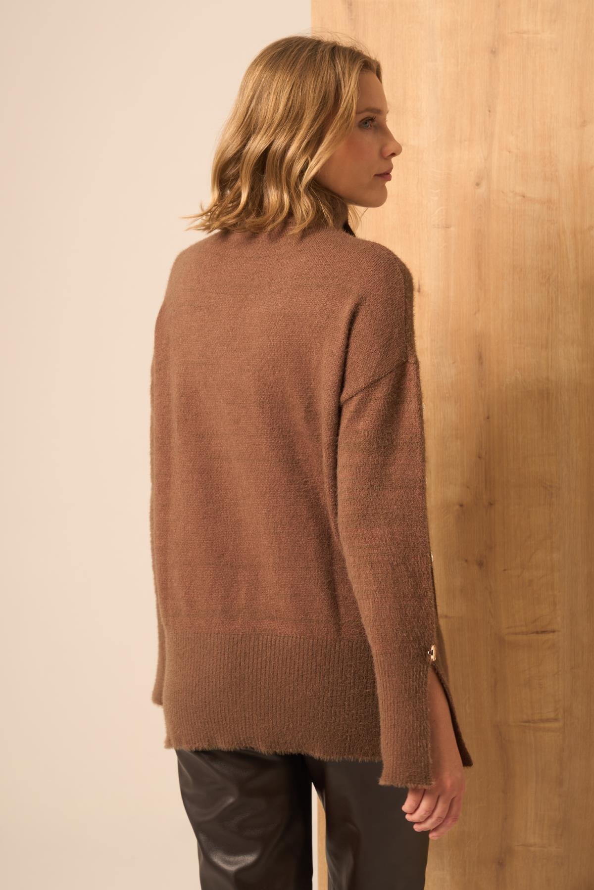 FTZ Women Kadın Düğme Detay Kazak  Kahve 25064