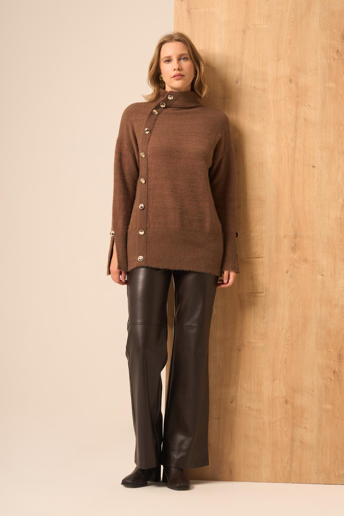 FTZ Women Kadın Düğme Detay Kazak  Kahve 25064