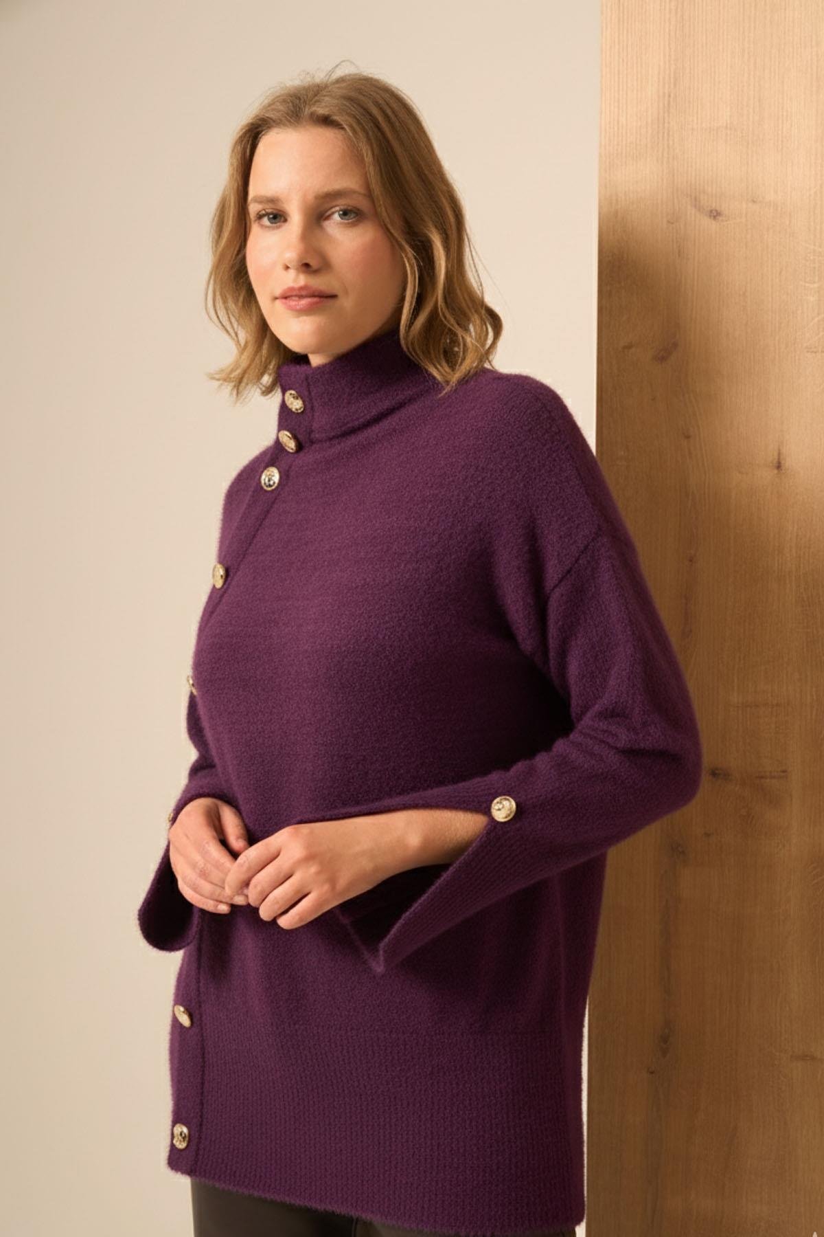 FTZ Women Kadın Düğme Detay Kazak  Mor 25064