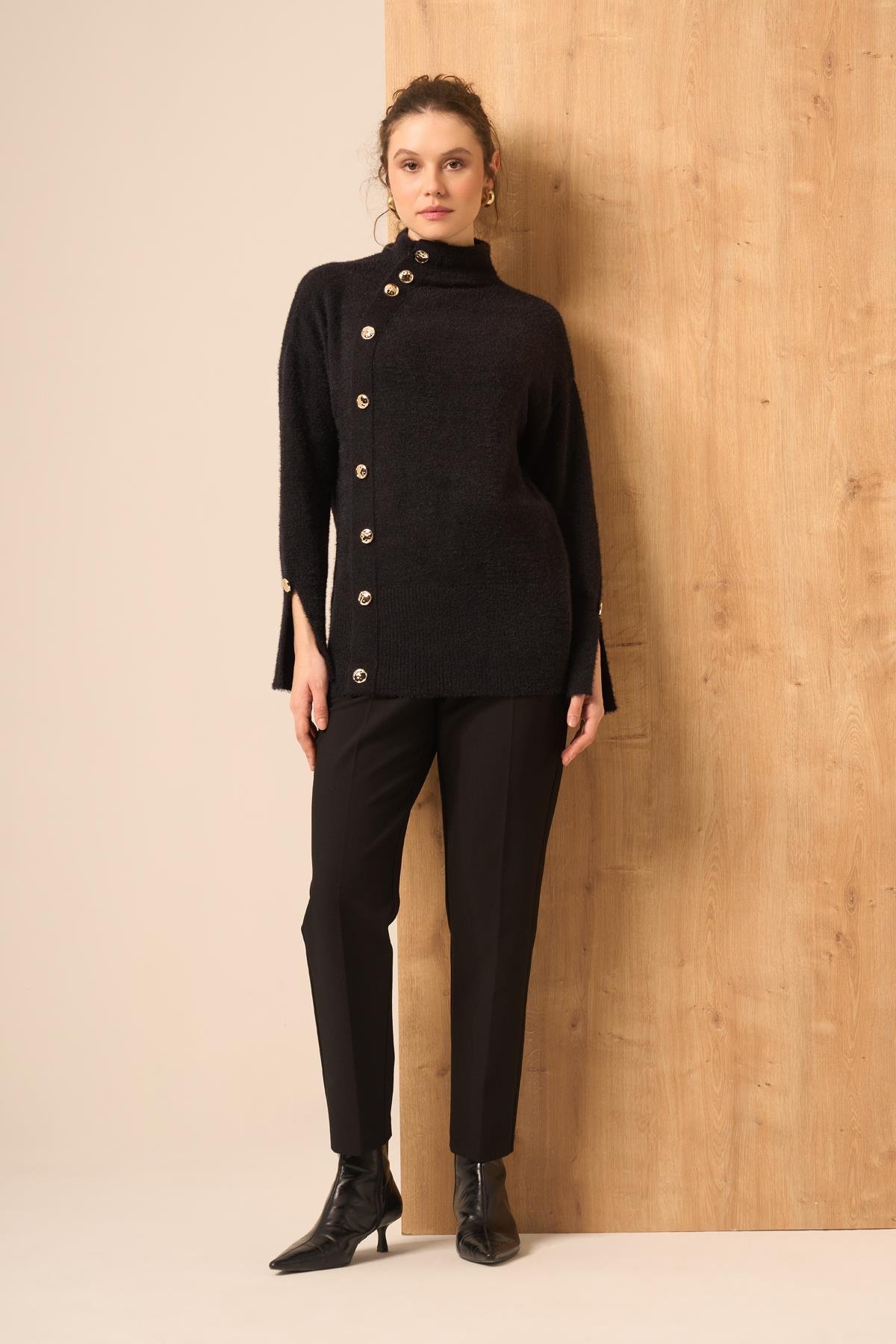 FTZ Women Kadın Düğme Detay Kazak  Siyah 25064