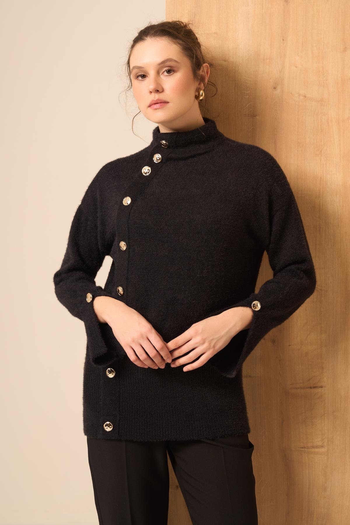 FTZ Women Kadın Düğme Detay Kazak  Siyah 25064
